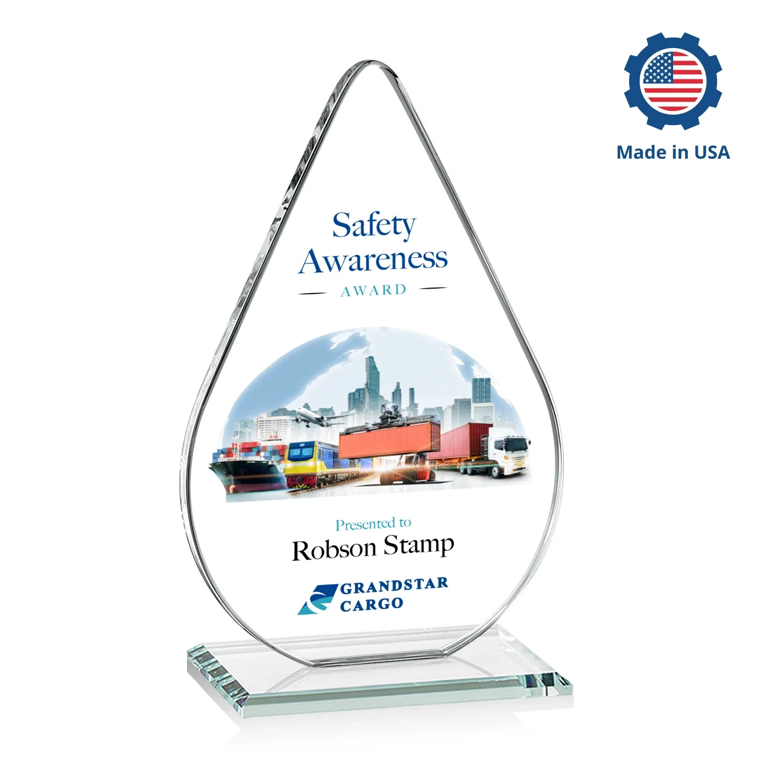Custom engraved Starfire Crystal Droplet Award on Rosewood-Toned Round Base for team milestone celebrations