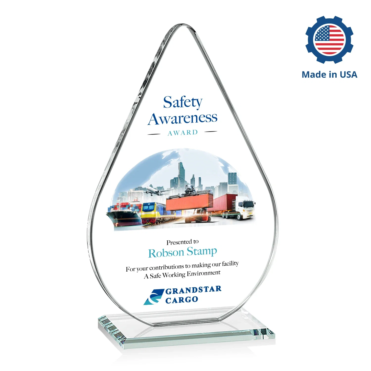 Custom engraved Starfire Crystal Droplet Award on Rosewood-Toned Round Base for donor appreciation
