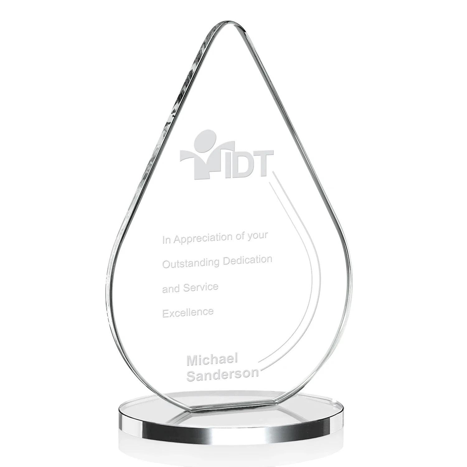 Custom Starfire Crystal Droplet Award on Rosewood-Toned Round Base for graduation ceremonies