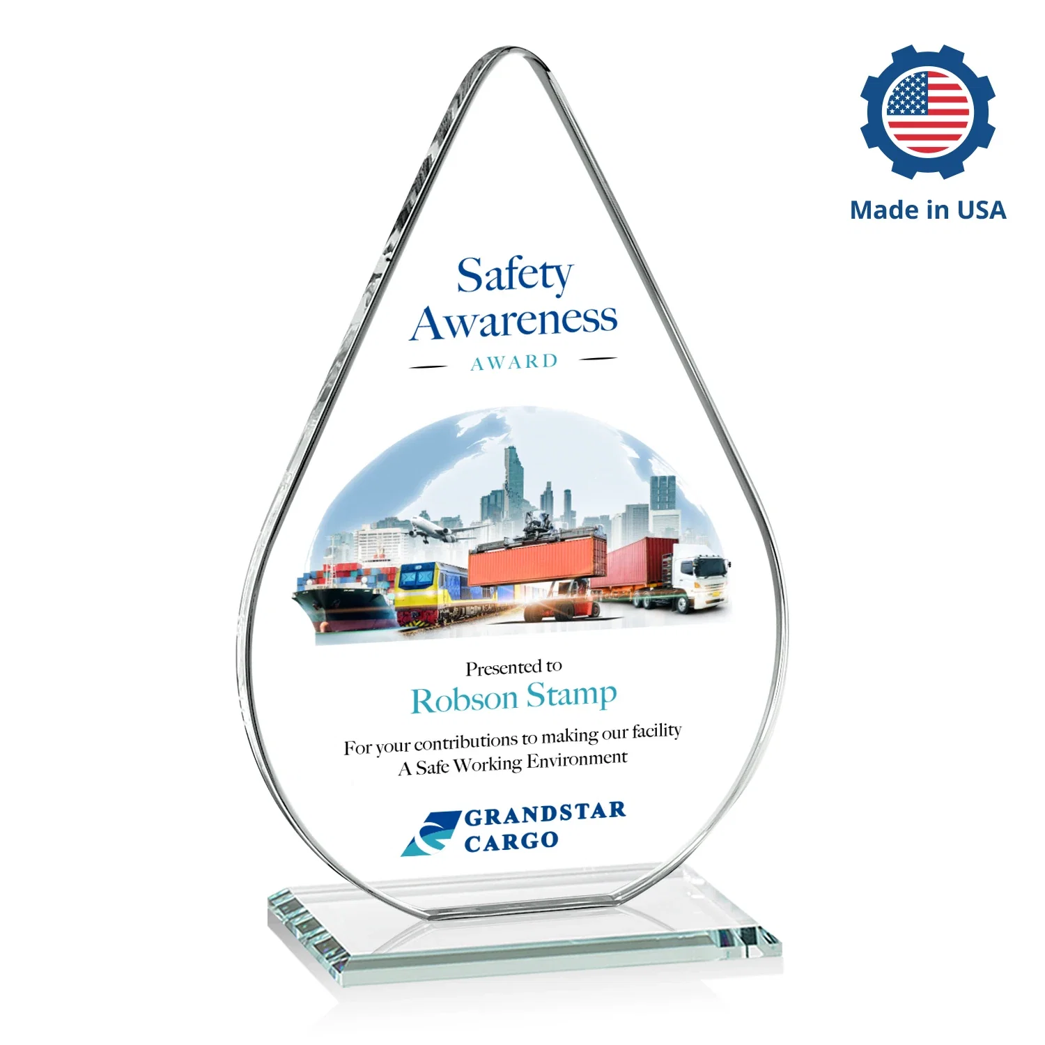 Custom engraved Starfire Crystal Droplet Award on Rosewood-Toned Round Base for graduation ceremonies