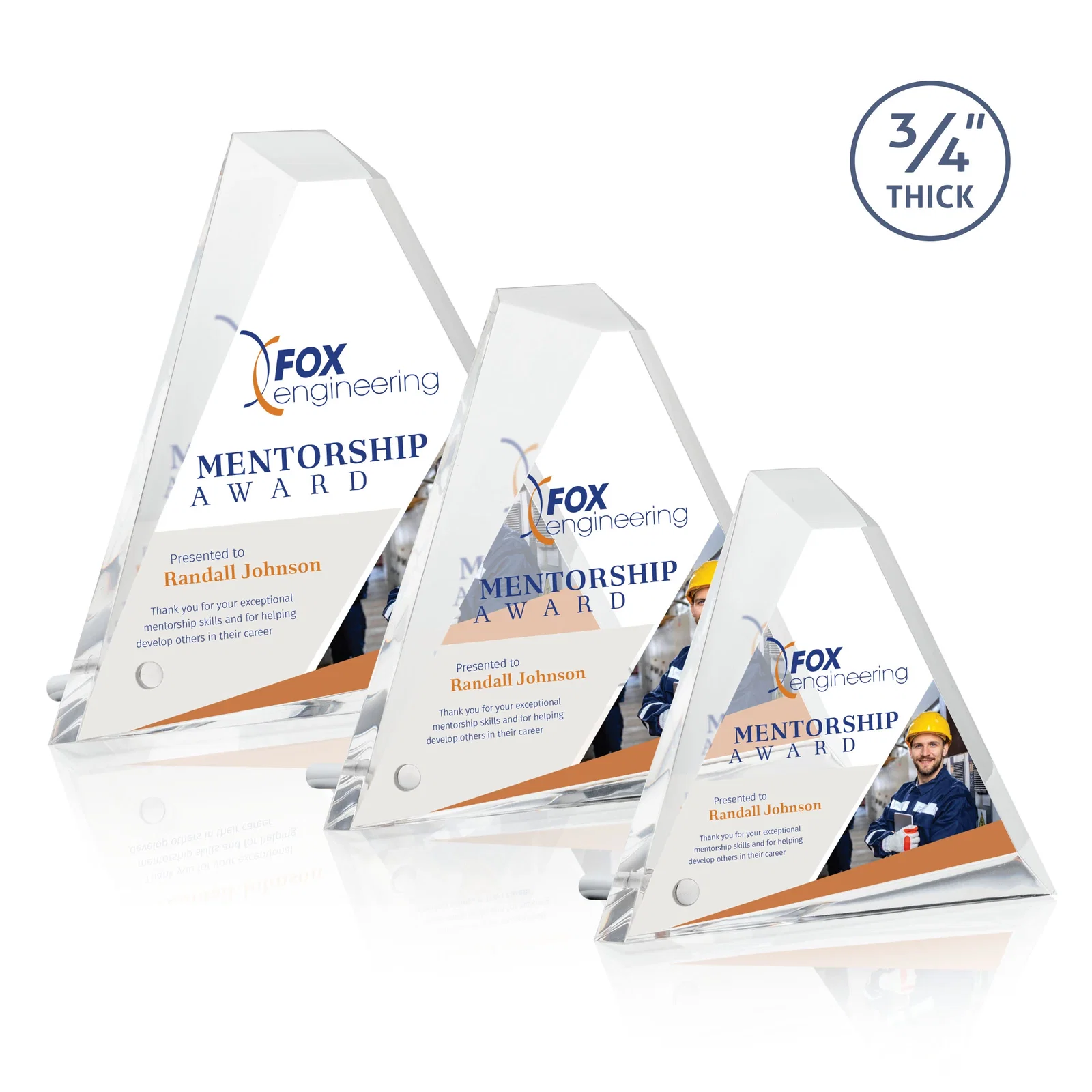 Custom Multifaceted Acrylic Pyramid Award with Easel Pin for retirement presentations