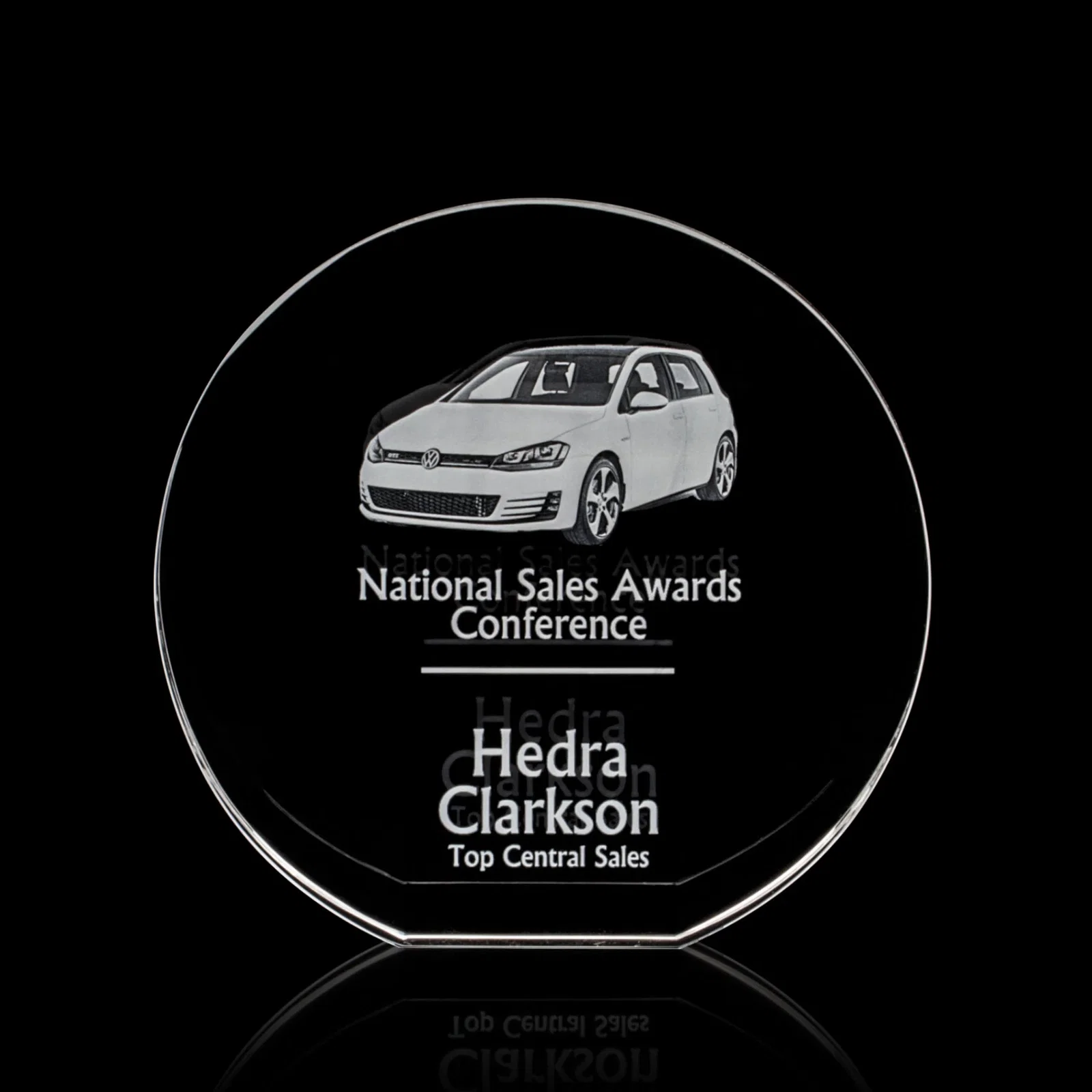 Custom Optical Crystal Desk Award With an Extra-Thick, Light-Bending Edge for volunteer appreciation