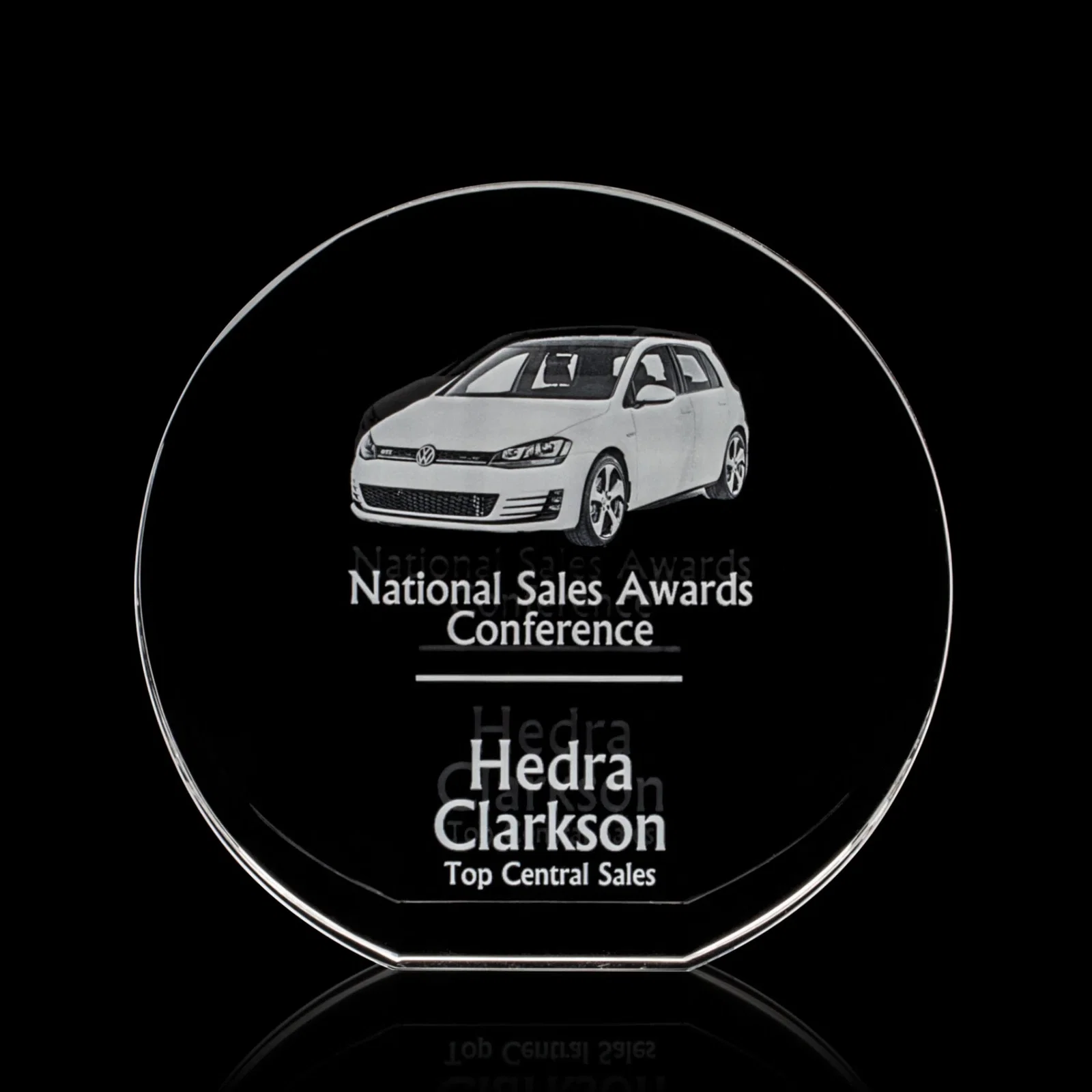 Custom Optical Crystal Desk Award With an Extra-Thick, Light-Bending Edge for dealer and partner awards