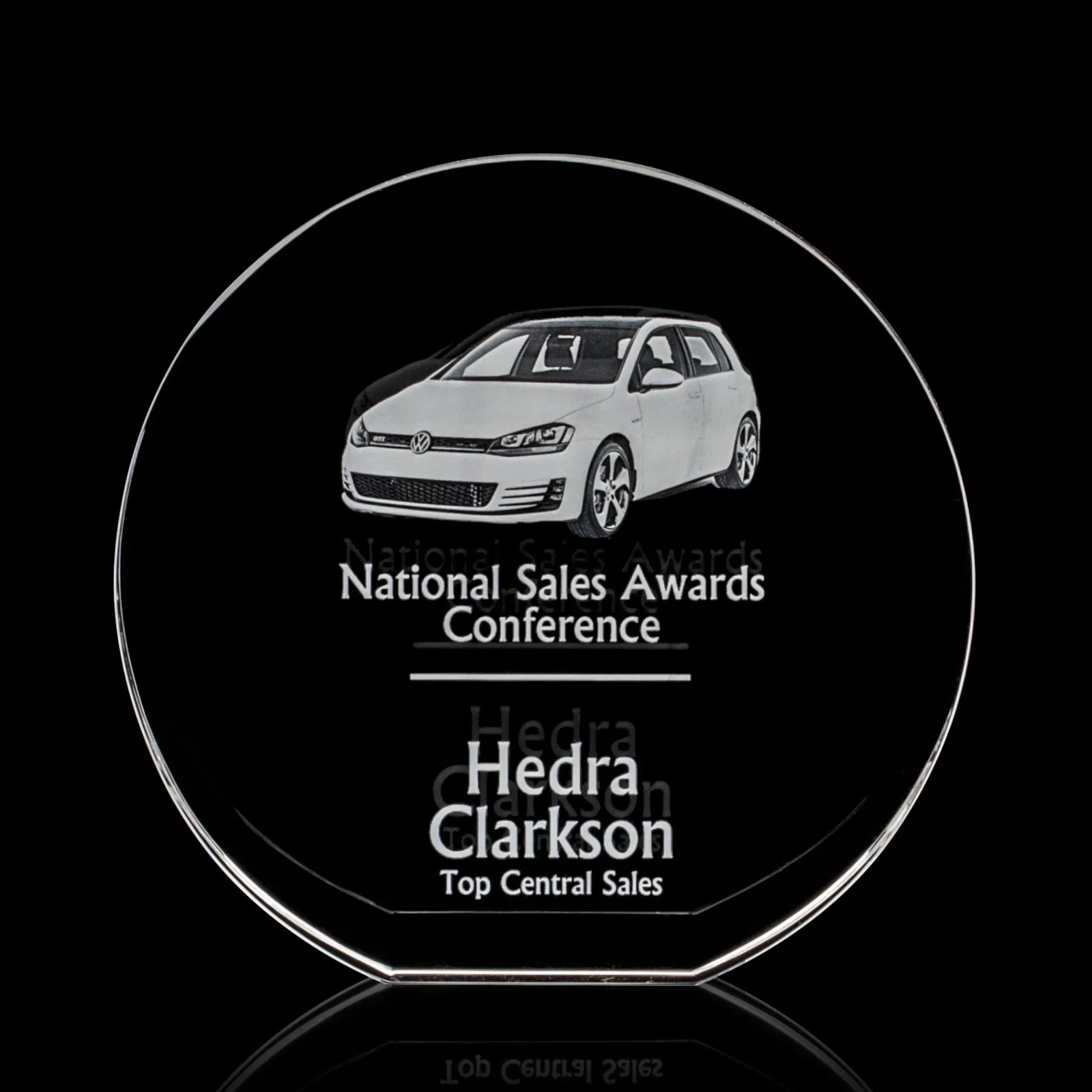 Custom Optical Crystal Desk Award With an Extra-Thick, Light-Bending Edge for company anniversary events