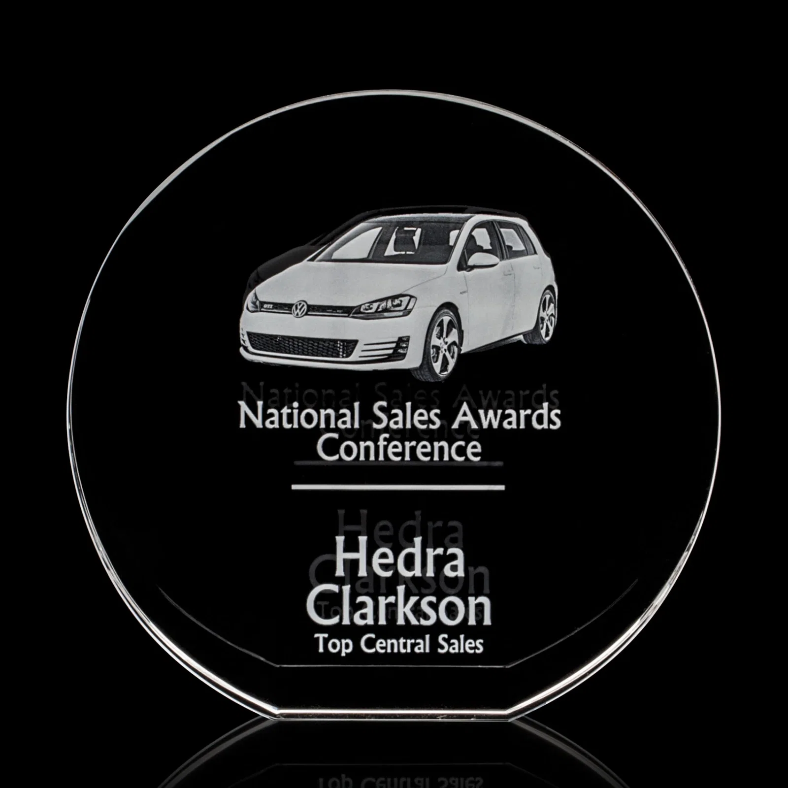 Personalized Optical Crystal Desk Award With an Extra-Thick, Light-Bending Edge for employee recognition
