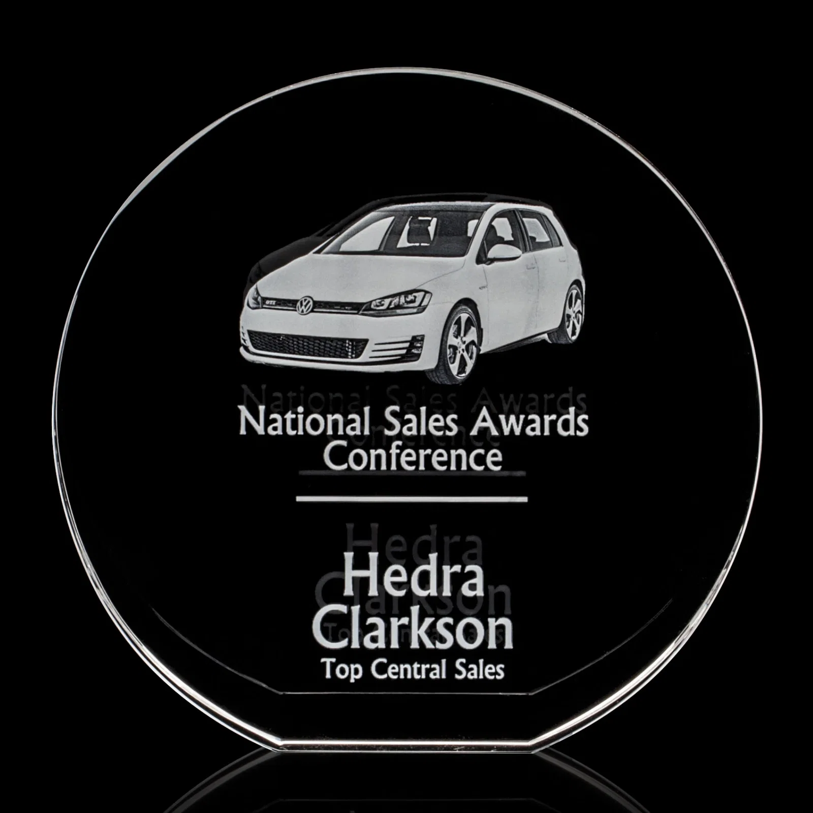 Personalized Optical Crystal Desk Award With an Extra-Thick, Light-Bending Edge for corporate award ceremonies
