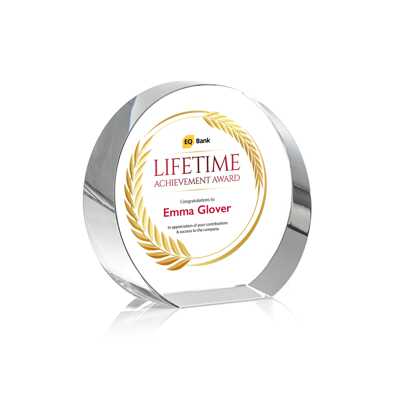 Personalized Optical Crystal Desk Award With an Extra-Thick, Light-Bending Edge for sales achievement awards