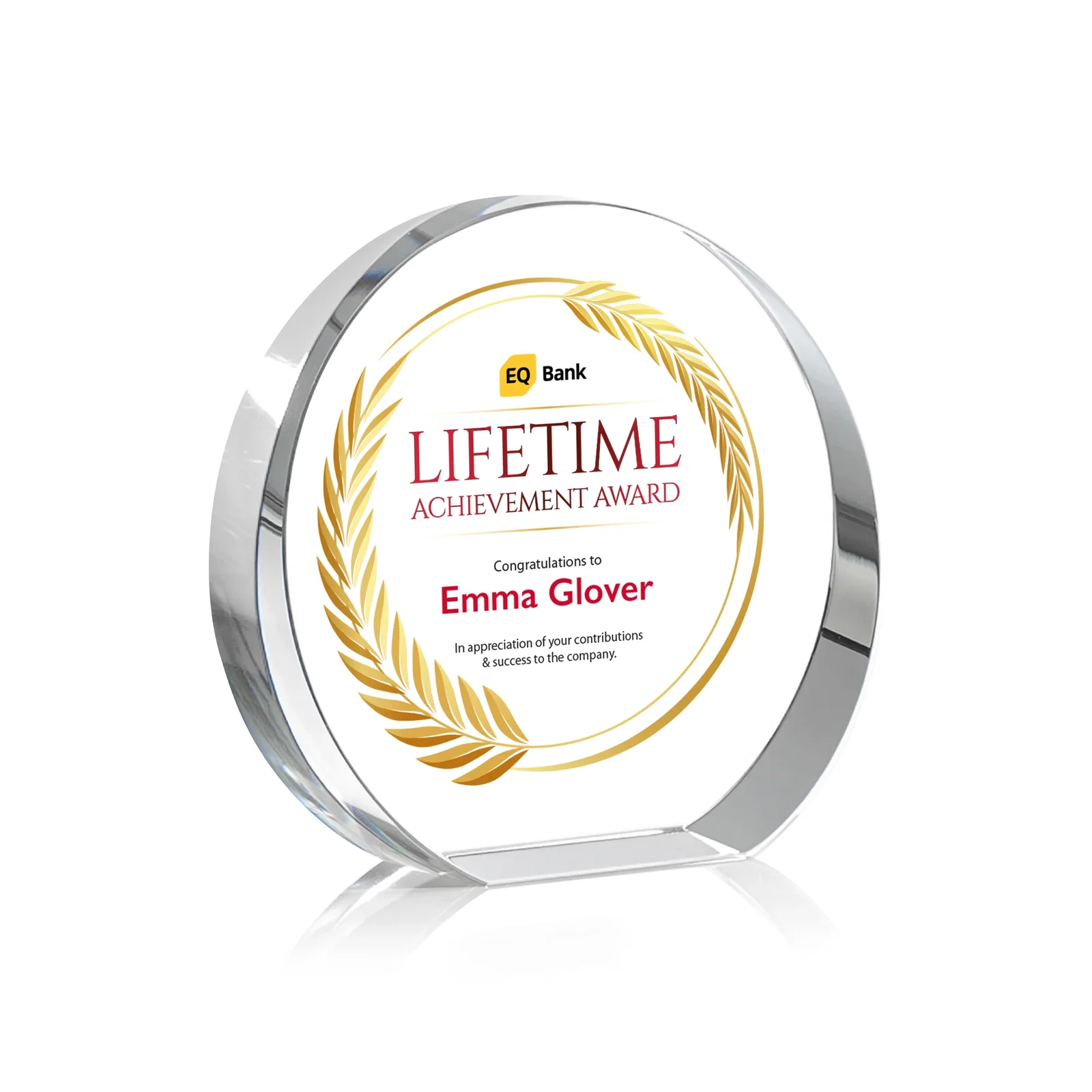 Personalized Optical Crystal Desk Award With an Extra-Thick, Light-Bending Edge for retirement presentations