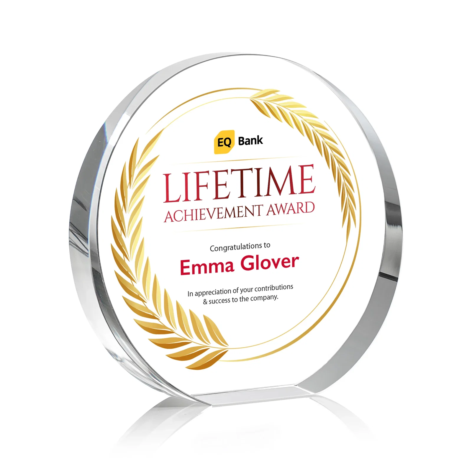 Personalized Optical Crystal Desk Award With an Extra-Thick, Light-Bending Edge for donor appreciation