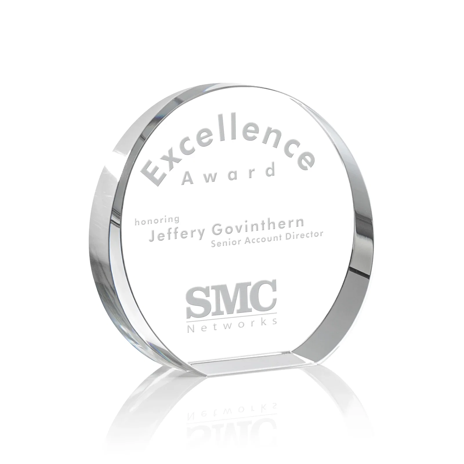 Custom Optical Crystal Desk Award With an Extra-Thick, Light-Bending Edge for service anniversary gifts