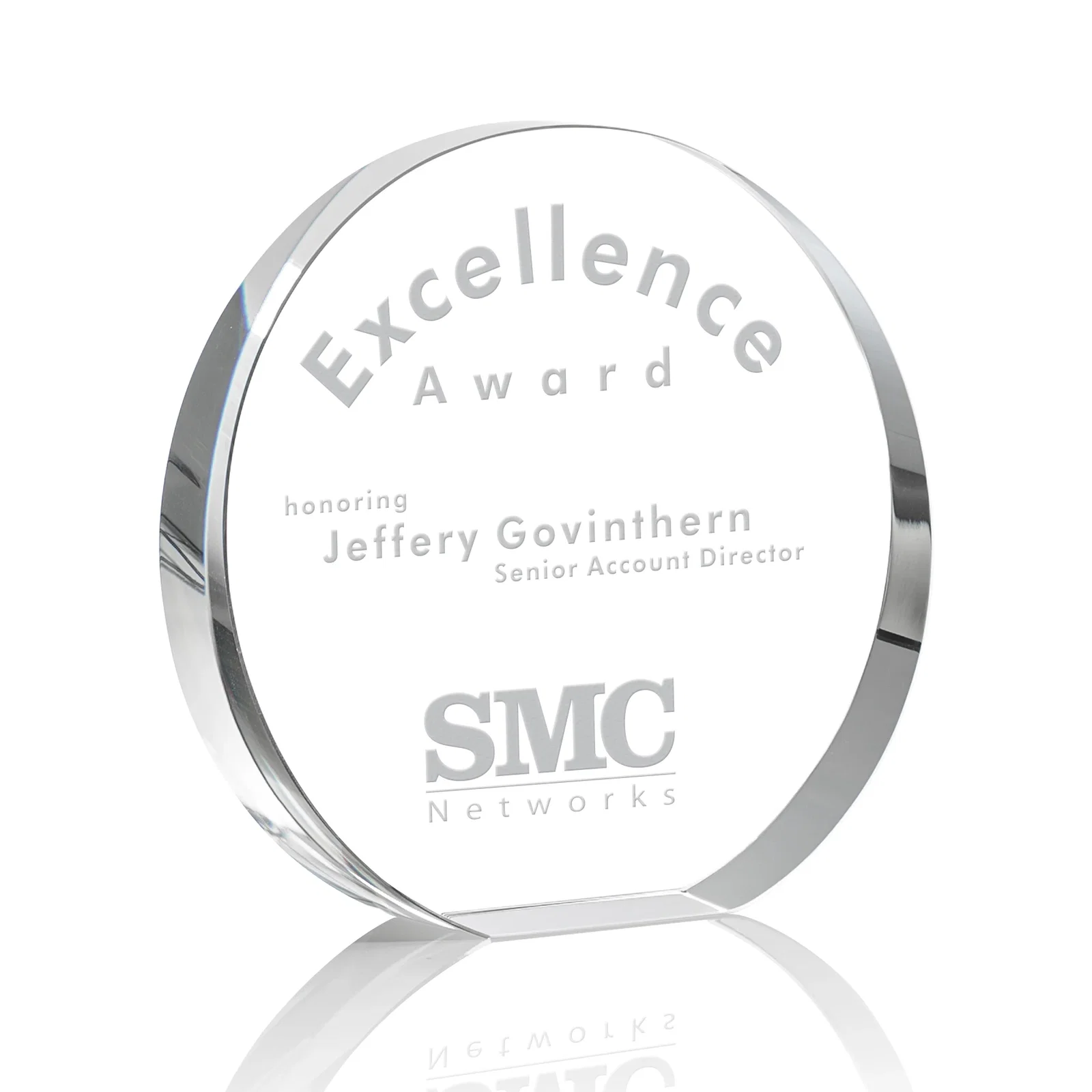 Custom Optical Crystal Desk Award With an Extra-Thick, Light-Bending Edge for retirement presentations