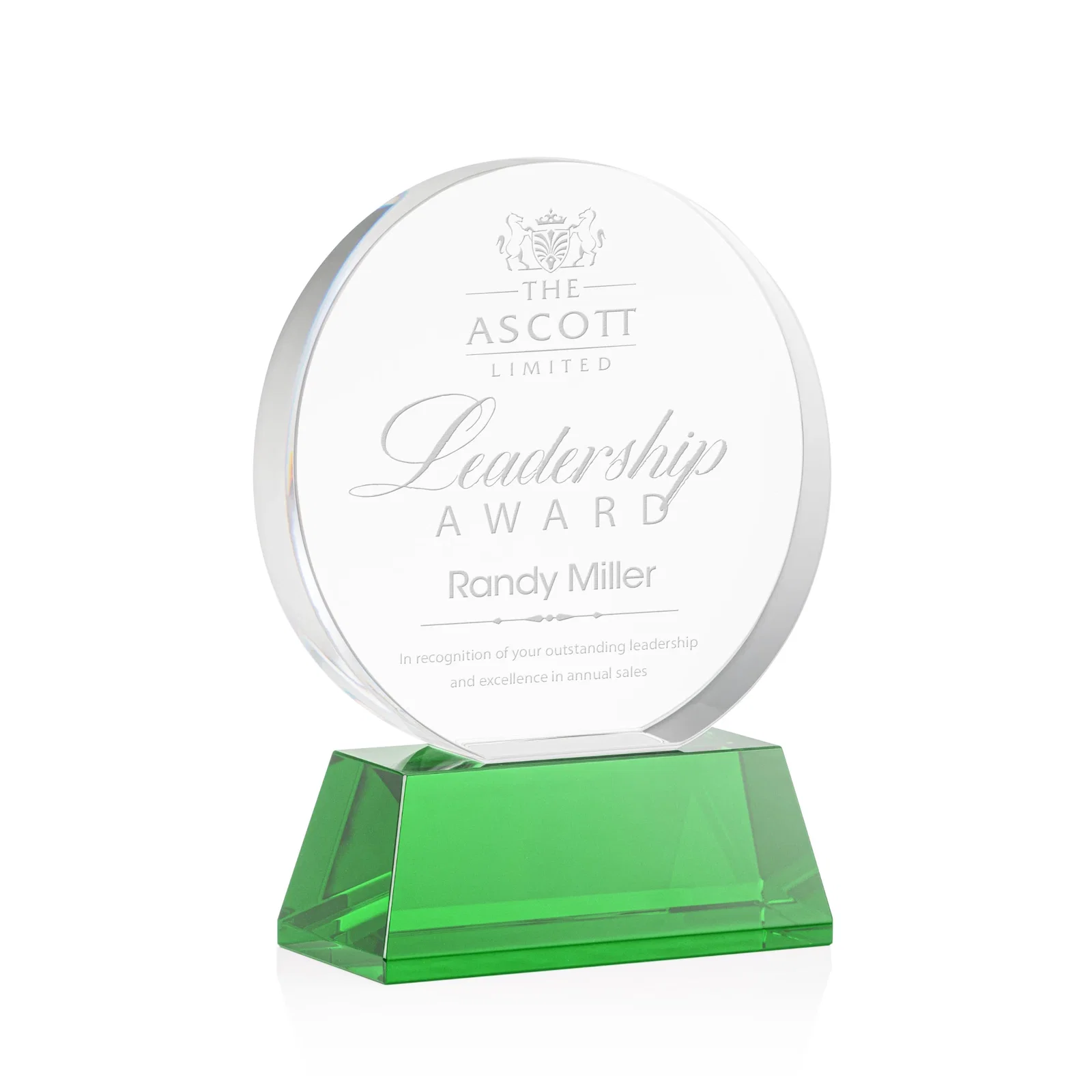 Custom Extra Thick Optical Crystal Circle Award with Second Etch Position, awards for company anniversary events