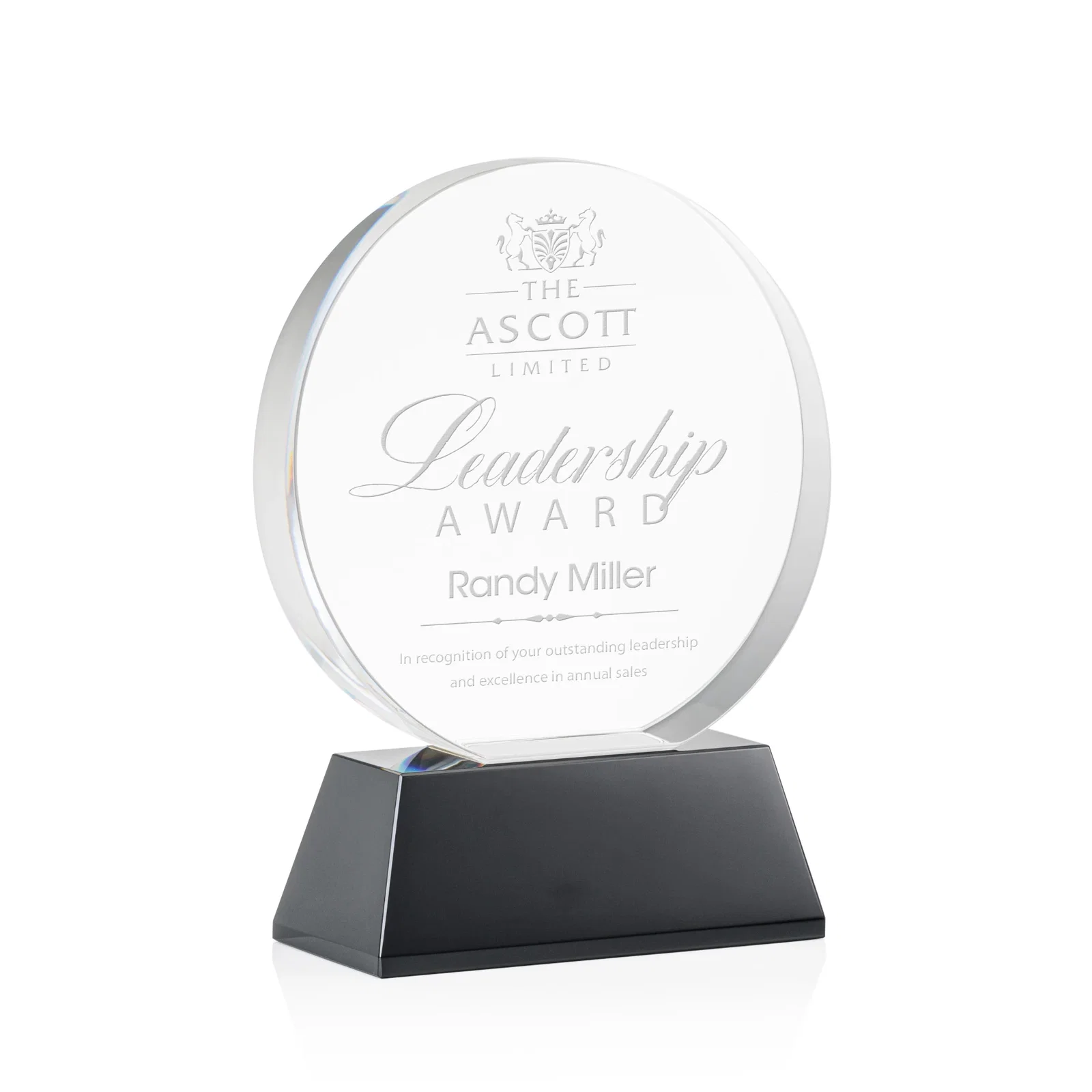Personalized Extra Thick Optical Crystal Circle Award with Second Etch Position, awards for sales achievement awards