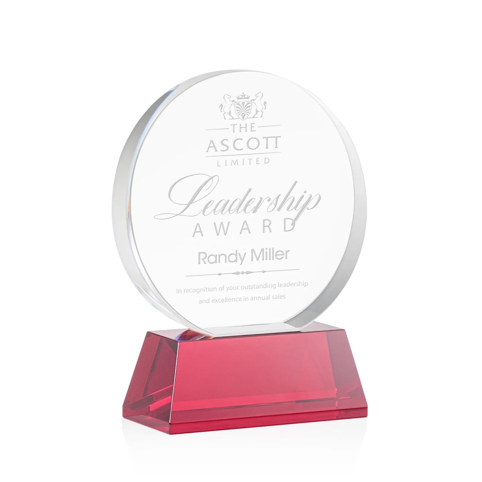 Personalized Extra Thick Optical Crystal Circle Award with Second Etch Position, awards for company anniversary events
