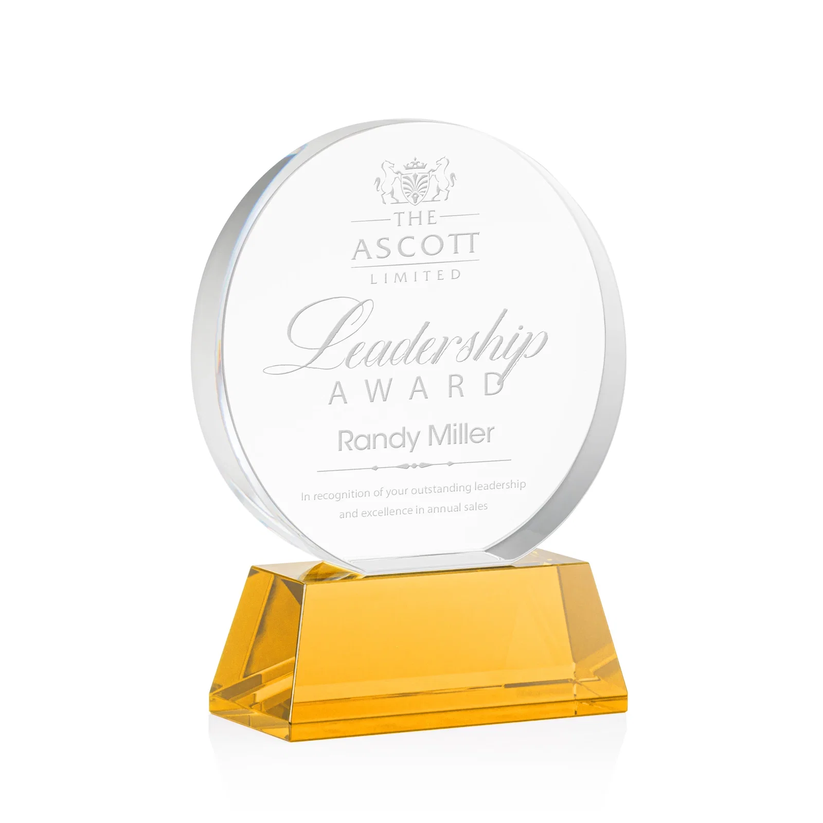 Custom Extra Thick Optical Crystal Circle Award with Second Etch Position, awards for service anniversary gifts