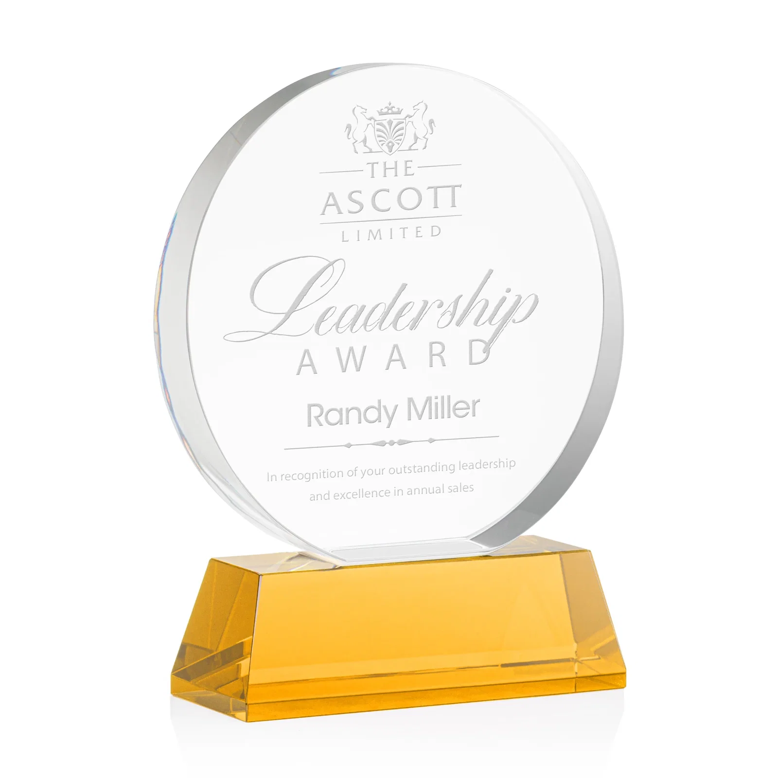 Custom Extra Thick Optical Crystal Circle Award with Second Etch Position, awards for sales achievement awards