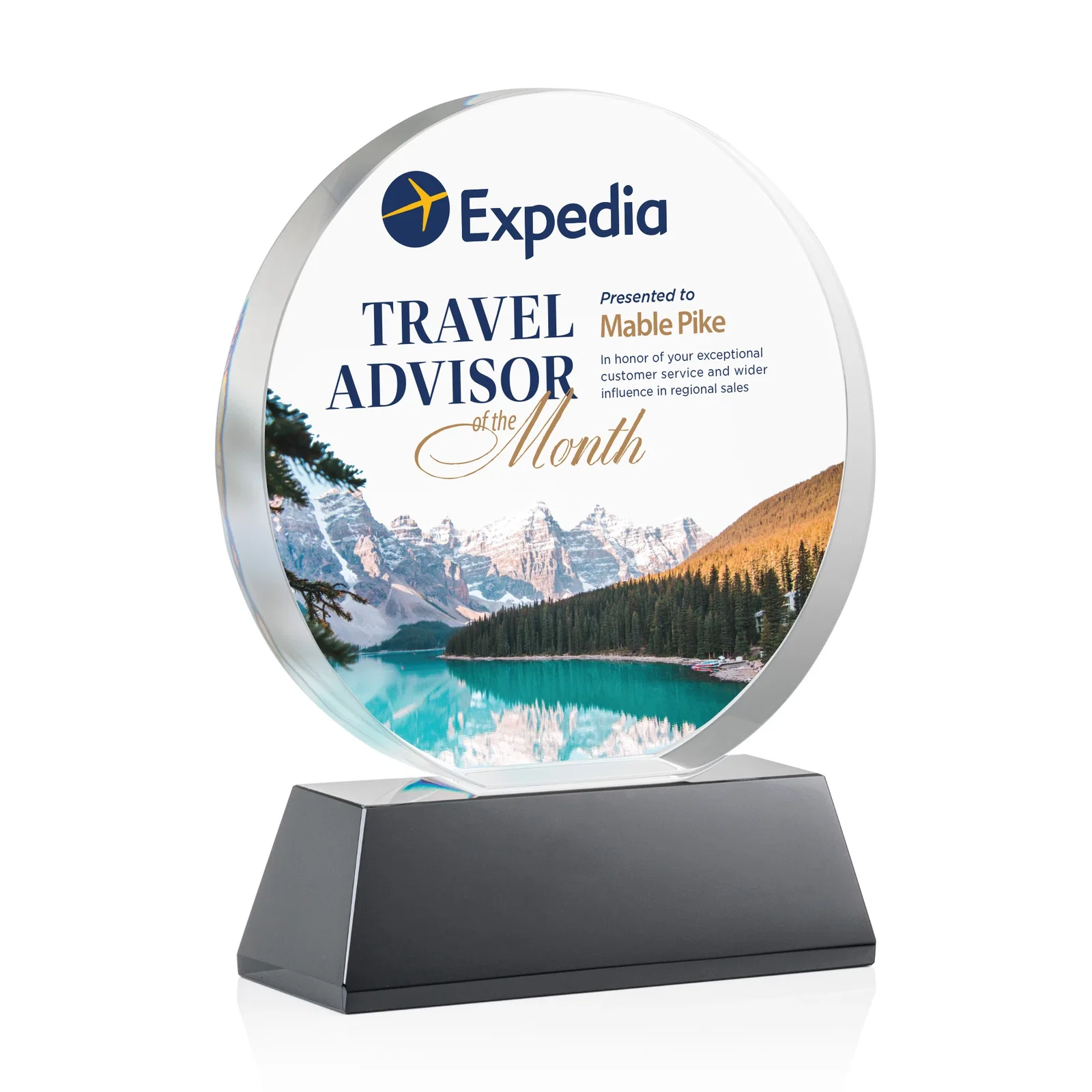 Custom printed Extra Thick Optical Crystal Circle Award with Second Etch Position, awards for employee recognition