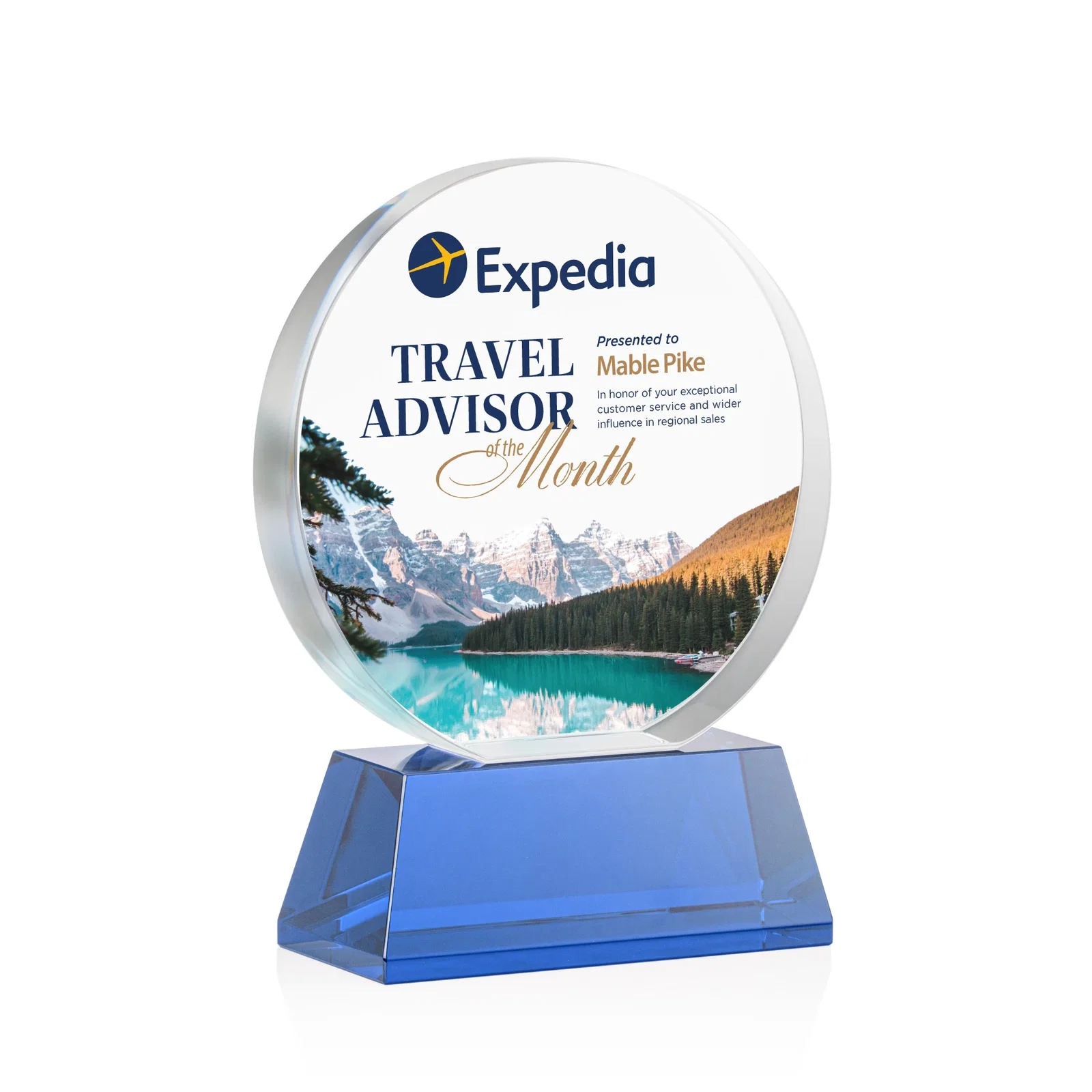 Custom printed Extra Thick Optical Crystal Circle Award with Second Etch Position, awards for sales achievement awards