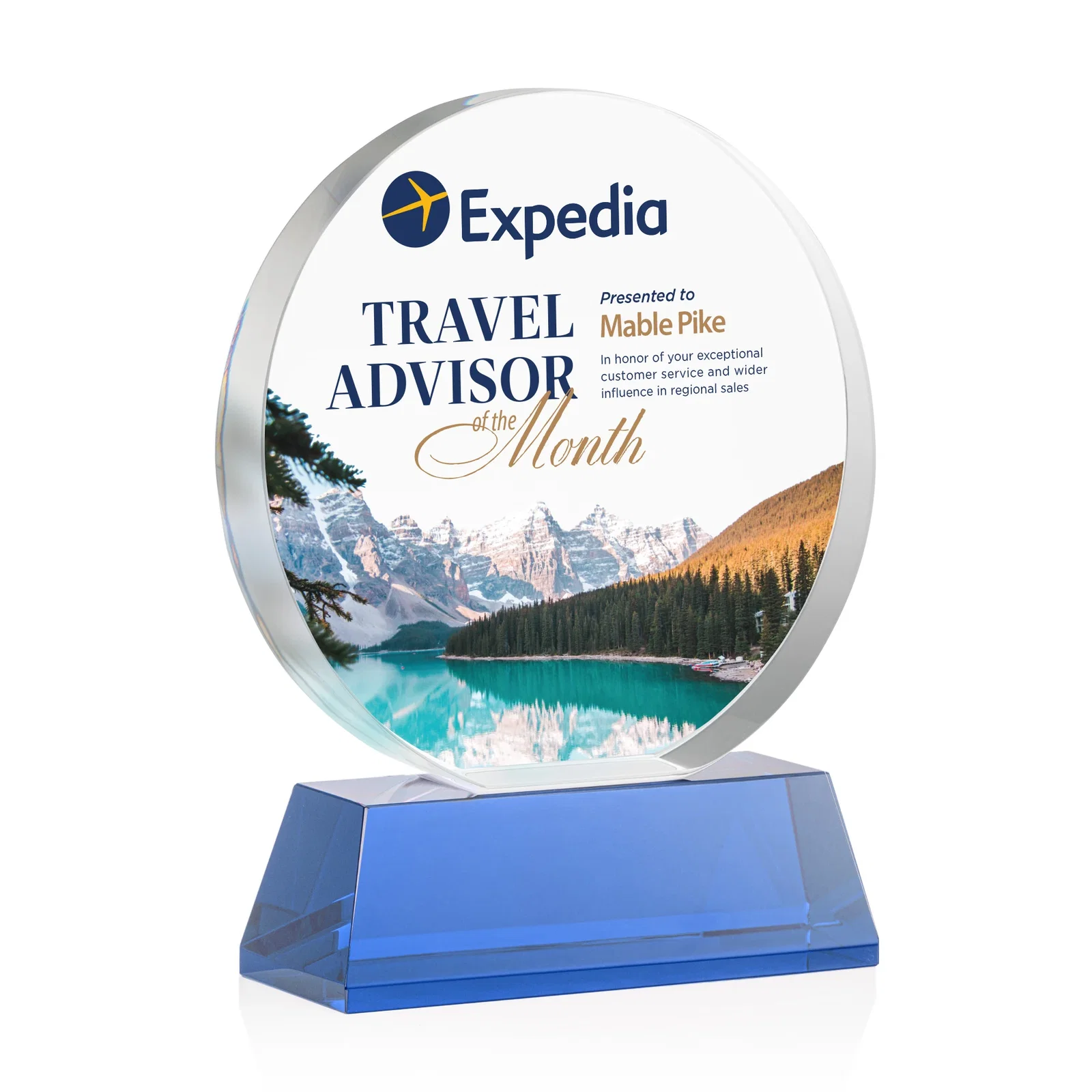 Custom printed Extra Thick Optical Crystal Circle Award with Second Etch Position, awards for retirement presentations