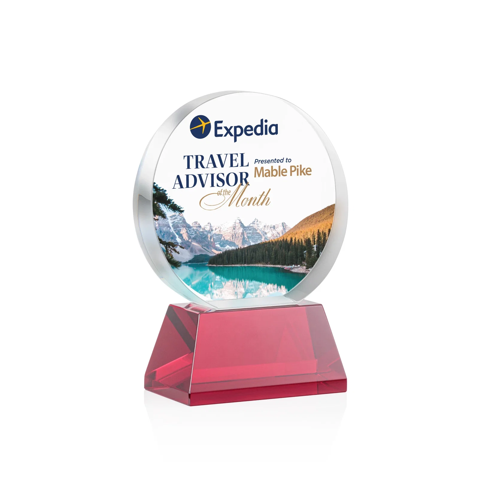 Custom printed Extra Thick Optical Crystal Circle Award with Second Etch Position, awards for donor appreciation