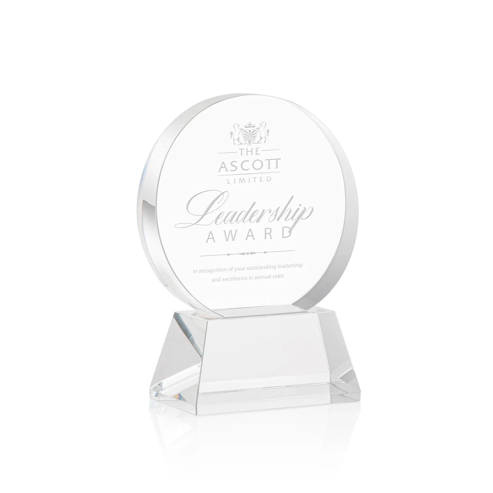 Custom Extra Thick Optical Crystal Circle Award with Second Etch Position, awards for donor appreciation