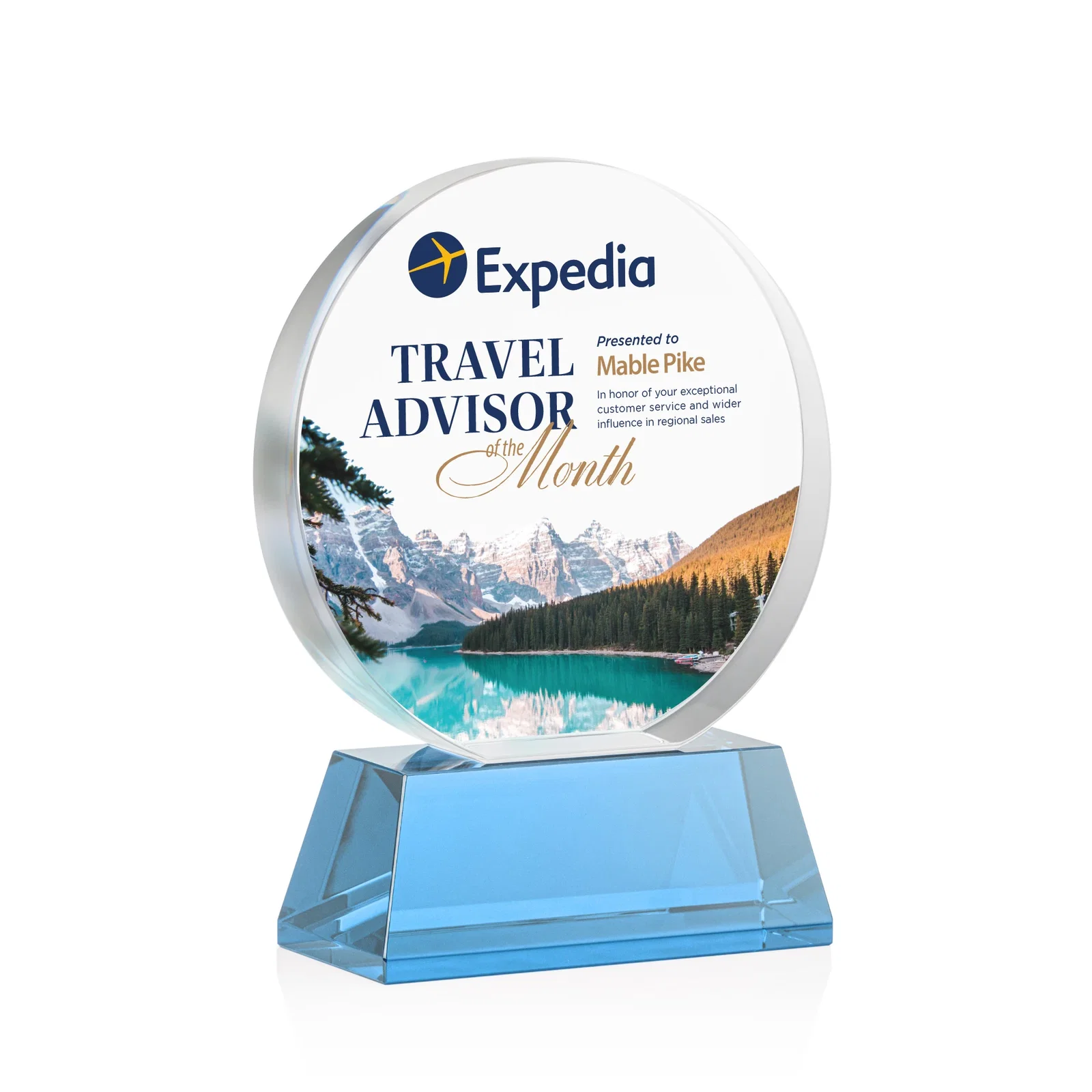 Custom printed Extra Thick Optical Crystal Circle Award with Second Etch Position, awards for company anniversary events