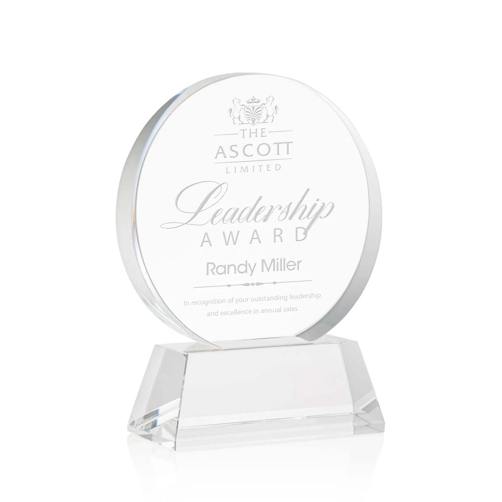 Custom Extra Thick Optical Crystal Circle Award with Second Etch Position, awards for graduation ceremonies