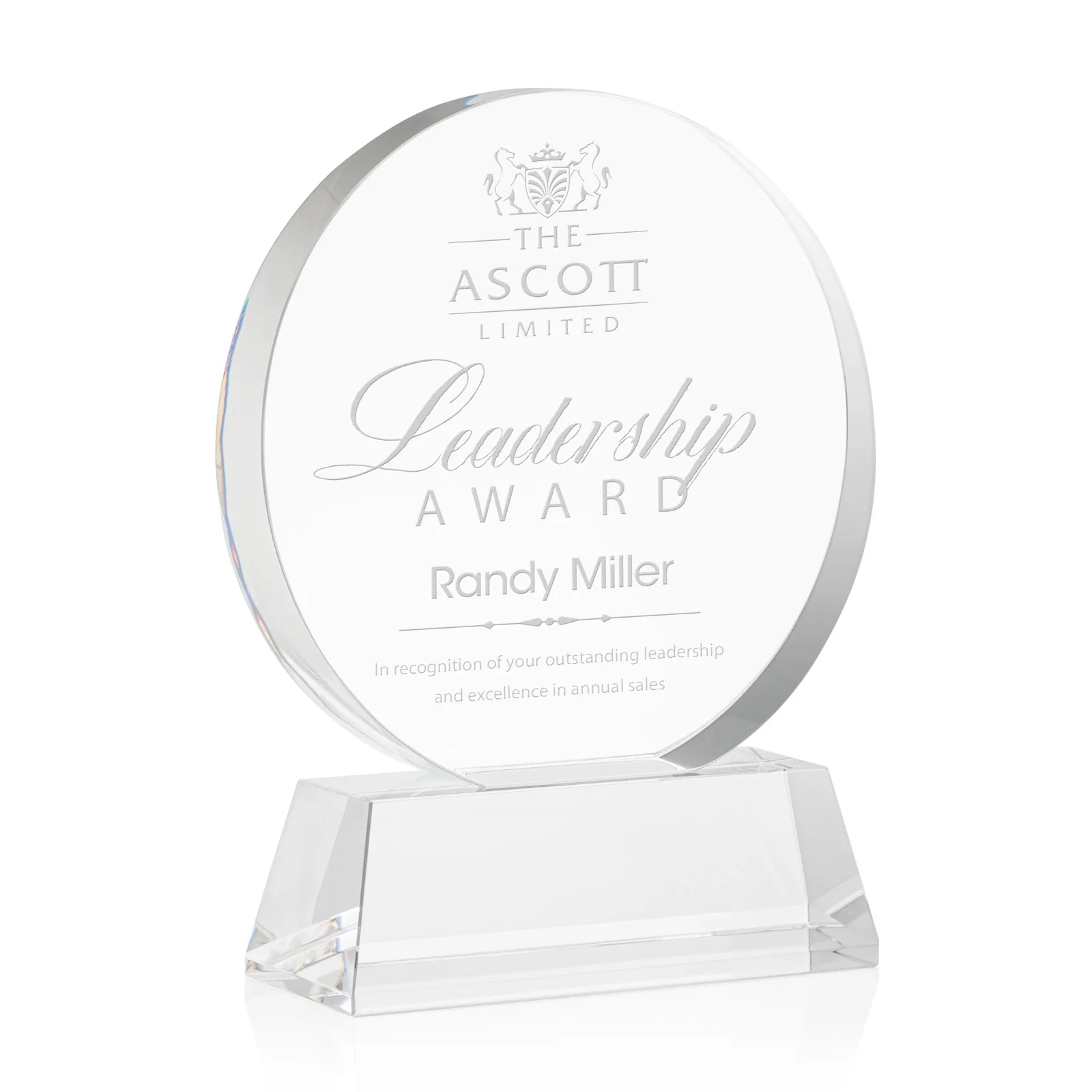 Custom Extra Thick Optical Crystal Circle Award with Second Etch Position, awards for safety achievement programs