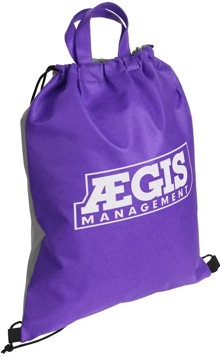 Promotional 2-tone cinch pack side profile showing drawstring straps