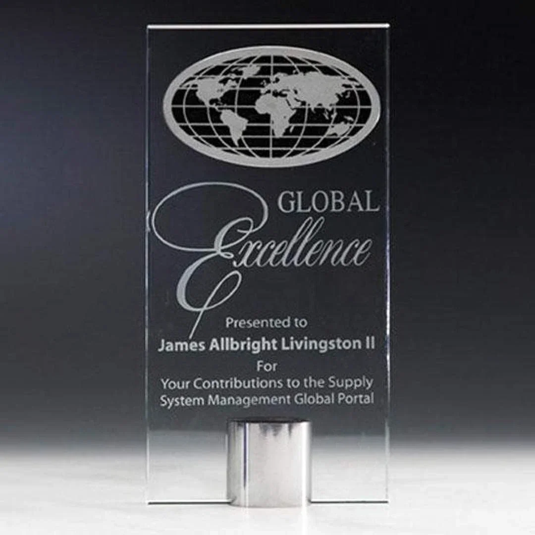 Custom Starfire Crystal Photocast Globe Medallion on Aluminum Base, circle award for employee recognition