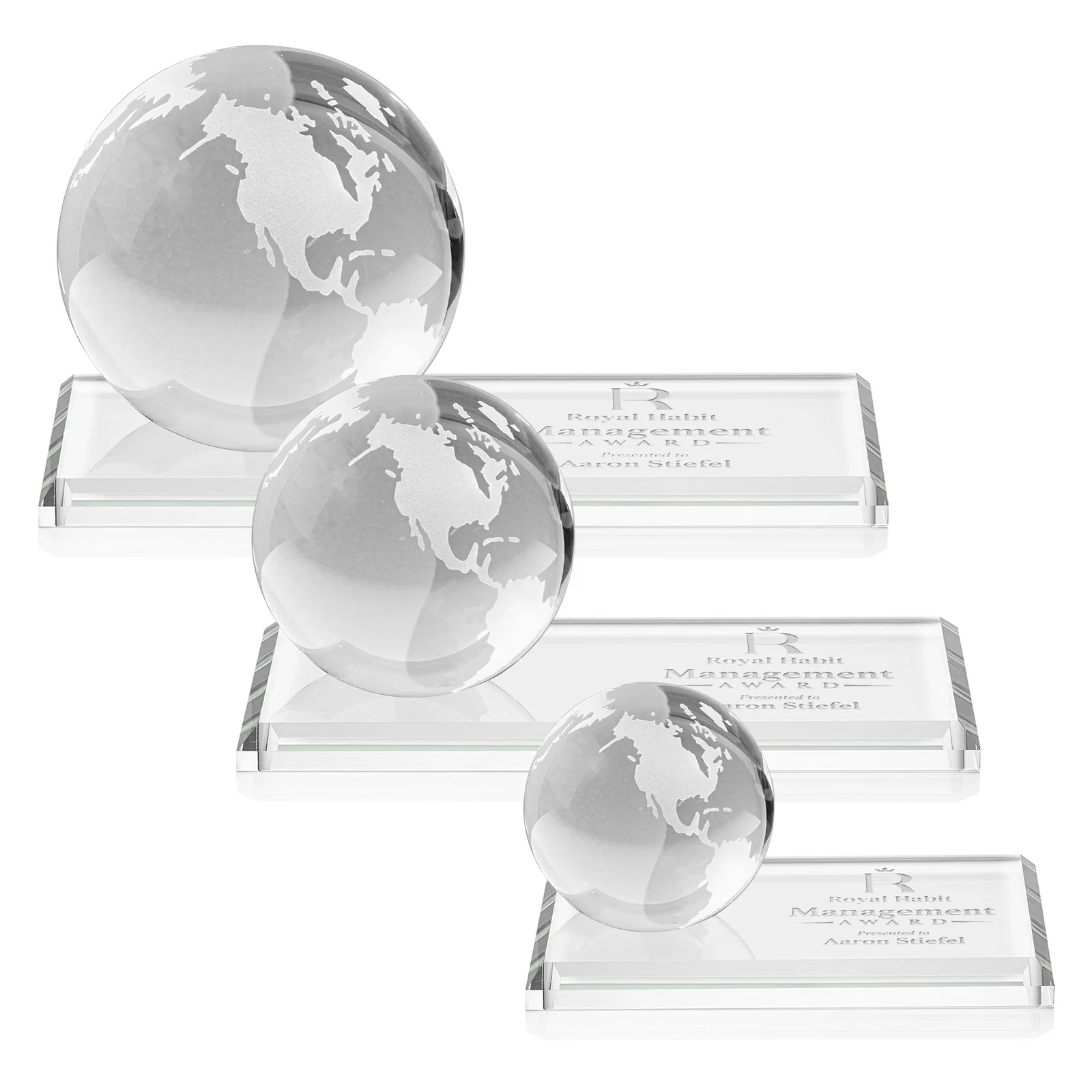 Custom Rotating Globe Crystal Award, 5"-8" on Flat Rectangular Base for employee recognition