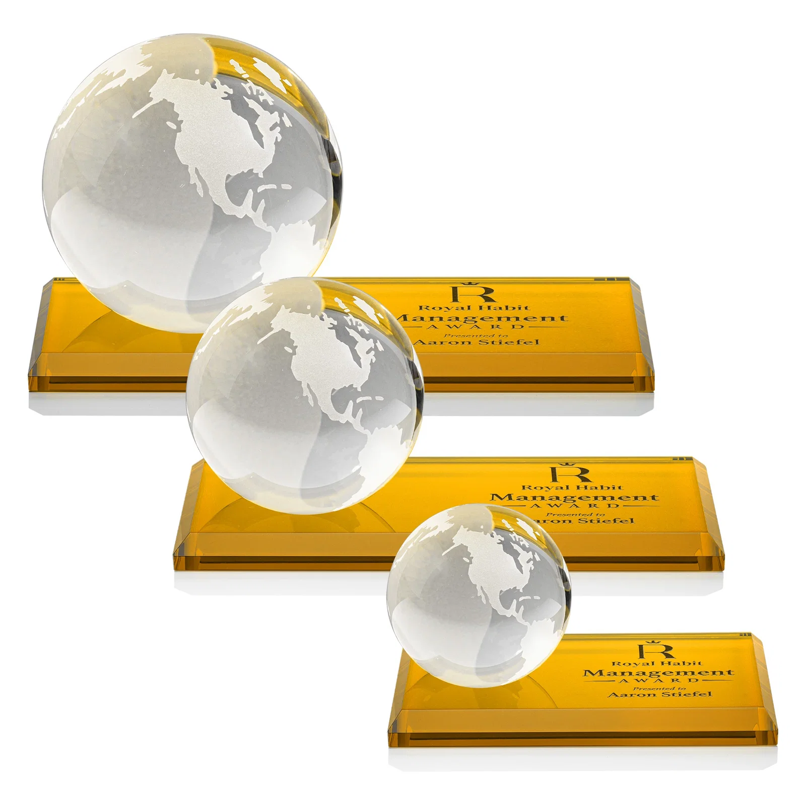 Custom Rotating Globe Crystal Award, 5"-8" on Flat Rectangular Base for volunteer appreciation