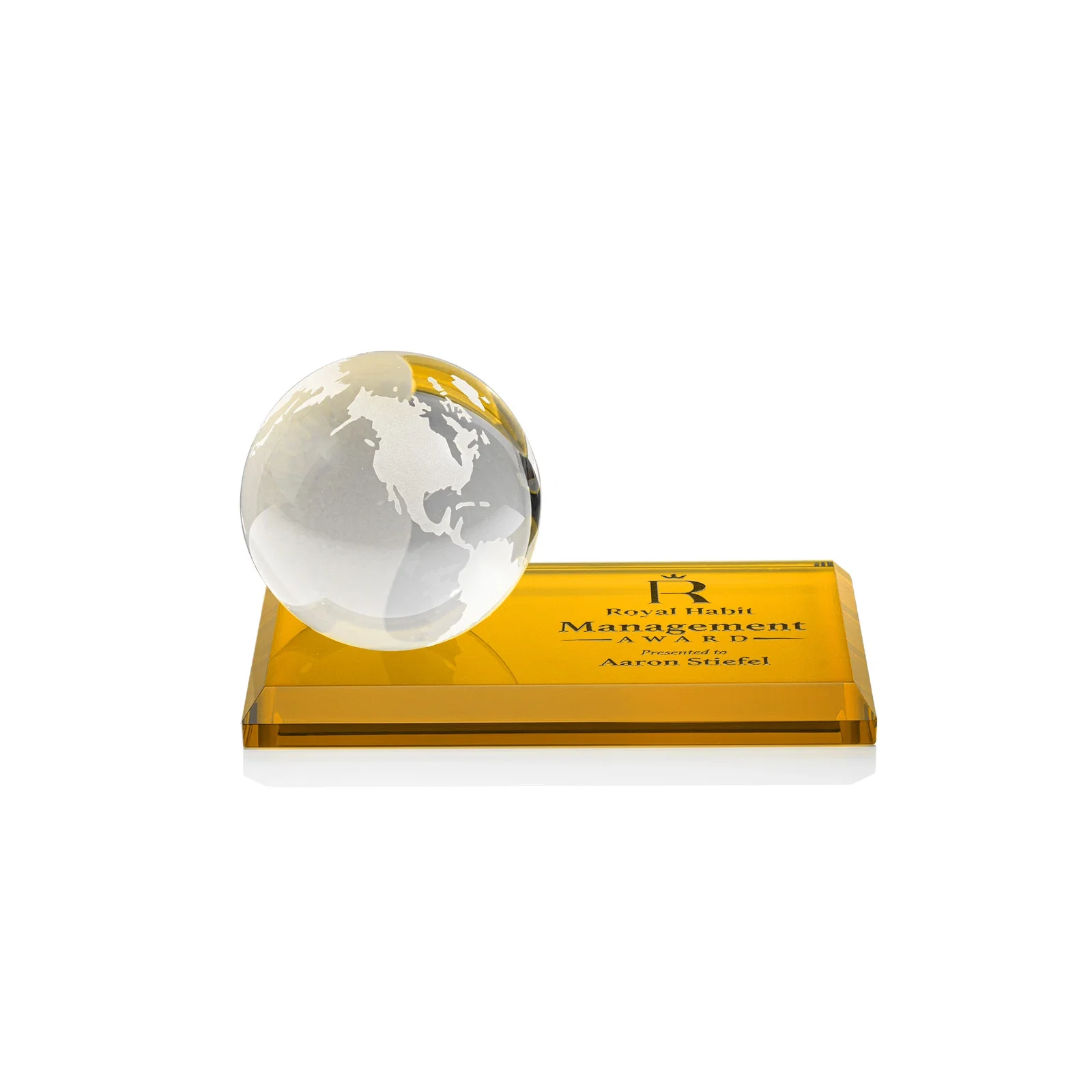 Custom Rotating Globe Crystal Award, 5"-8" on Flat Rectangular Base for dealer and partner awards