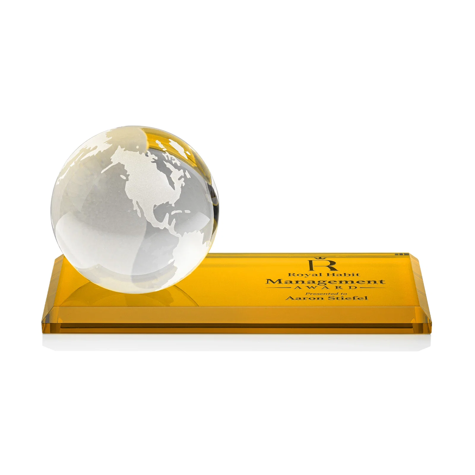 Custom Rotating Globe Crystal Award, 5"-8" on Flat Rectangular Base for company anniversary events