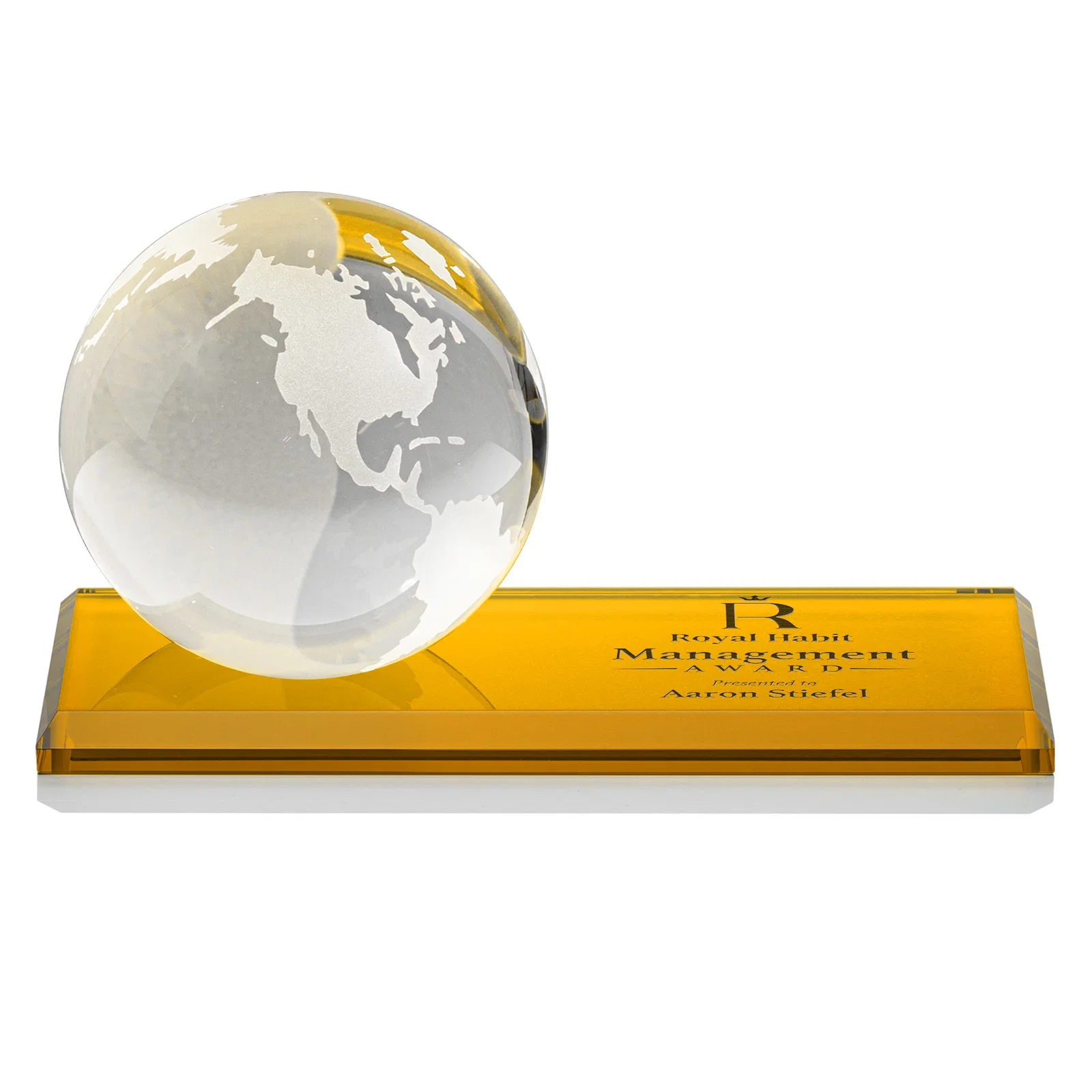 Personalized Rotating Globe Crystal Award, 5"-8" on Flat Rectangular Base for employee recognition
