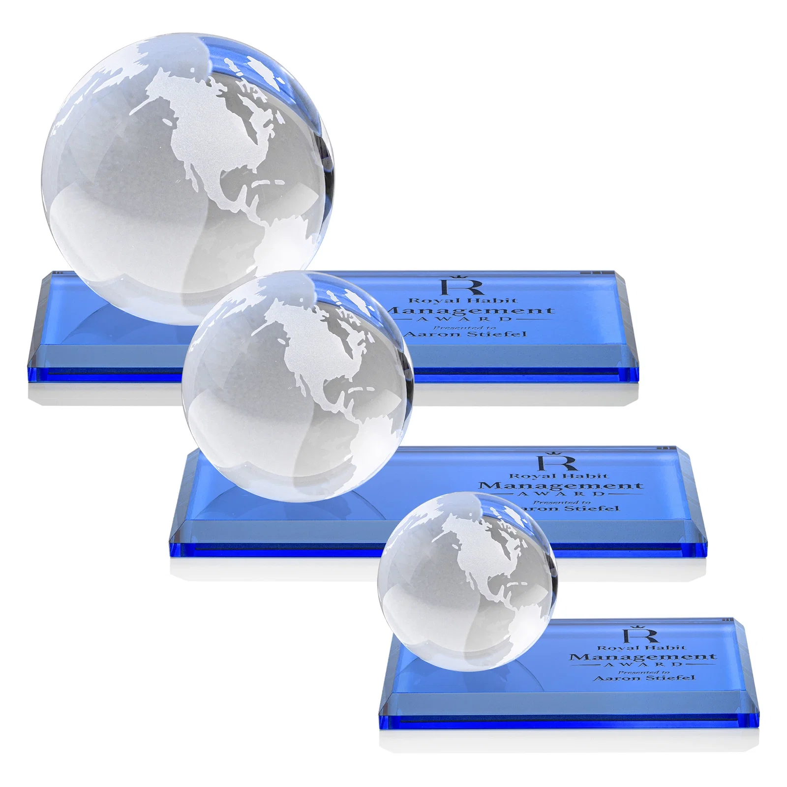 Personalized Rotating Globe Crystal Award, 5"-8" on Flat Rectangular Base for corporate award ceremonies