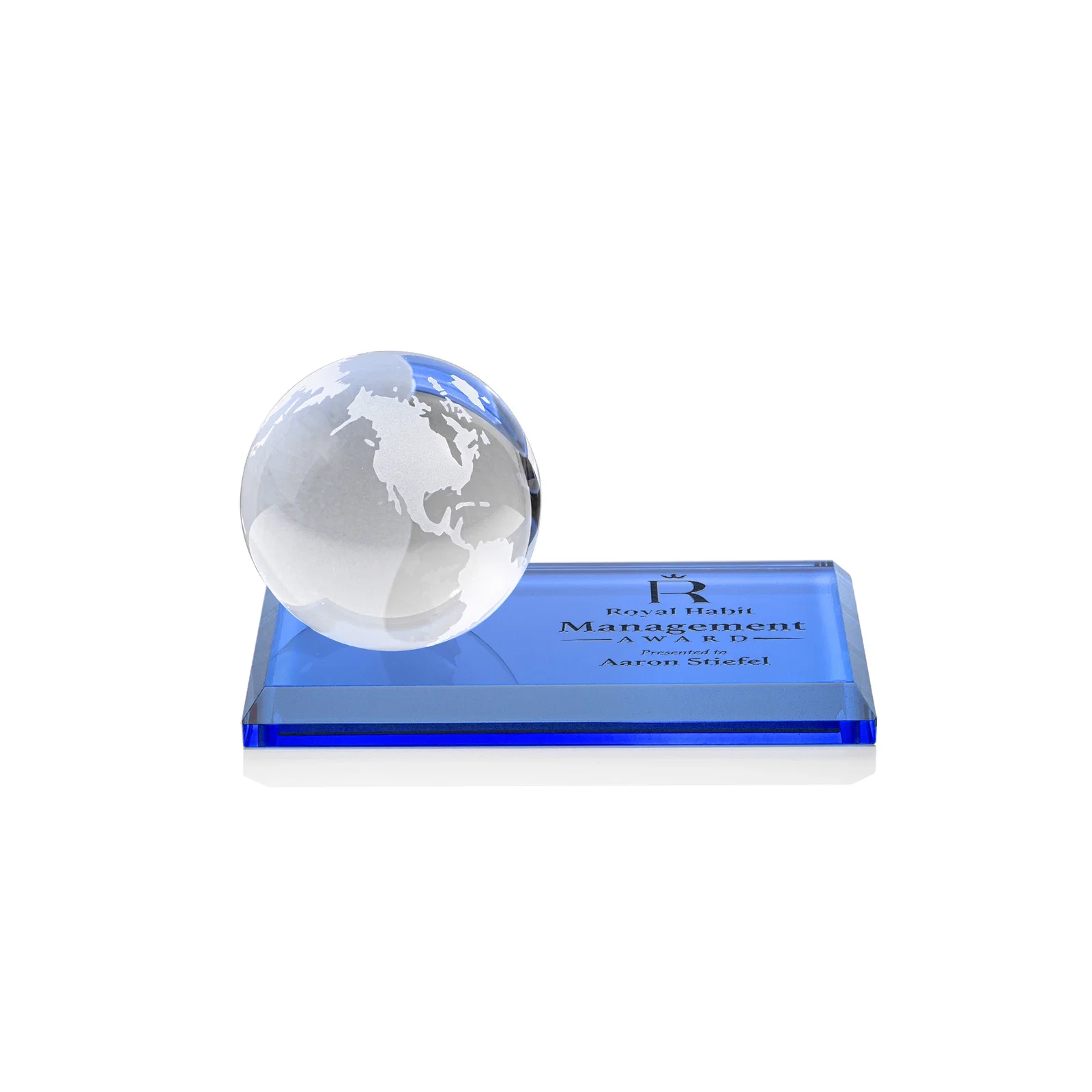 Personalized Rotating Globe Crystal Award, 5"-8" on Flat Rectangular Base for service anniversary gifts