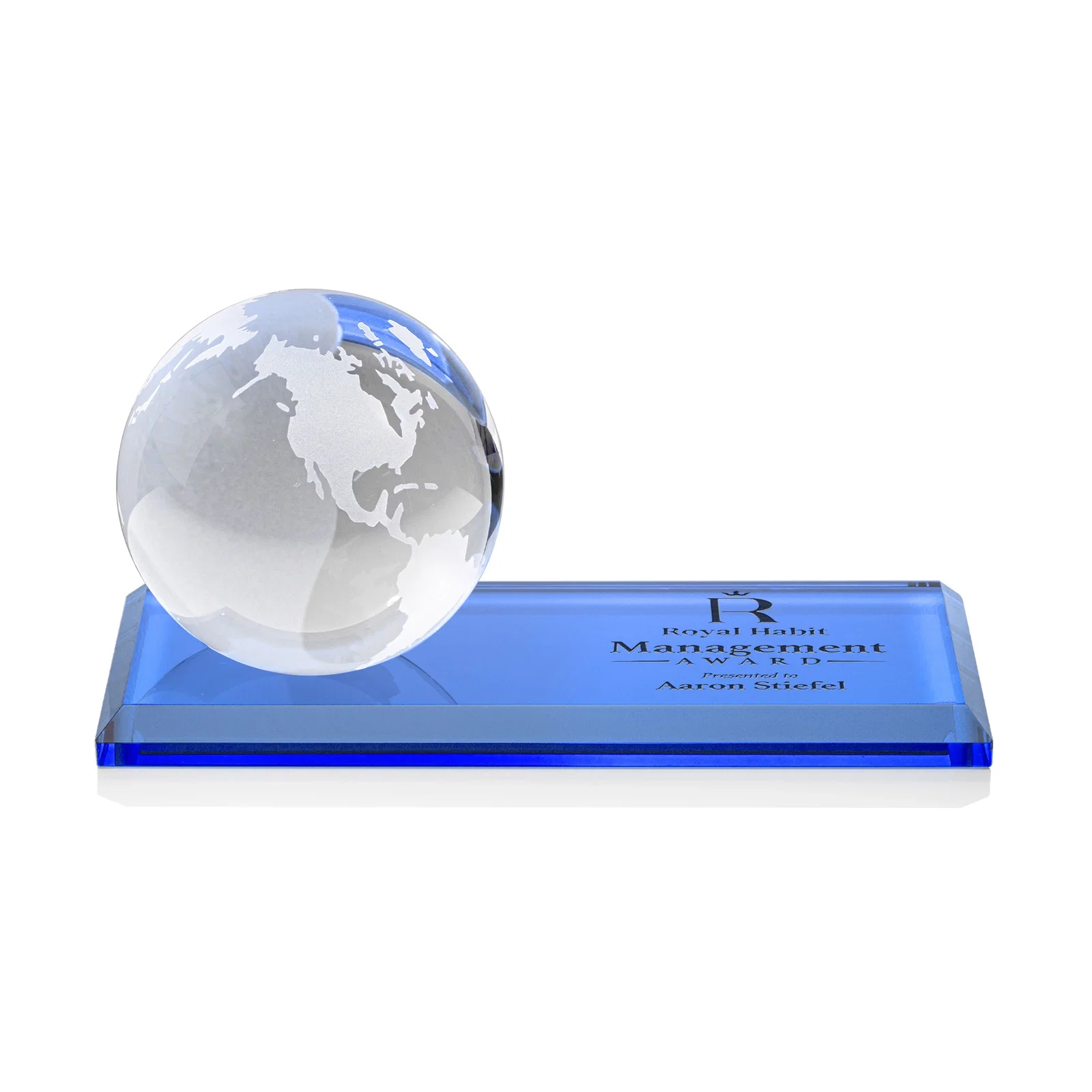 Personalized Rotating Globe Crystal Award, 5"-8" on Flat Rectangular Base for sales achievement awards