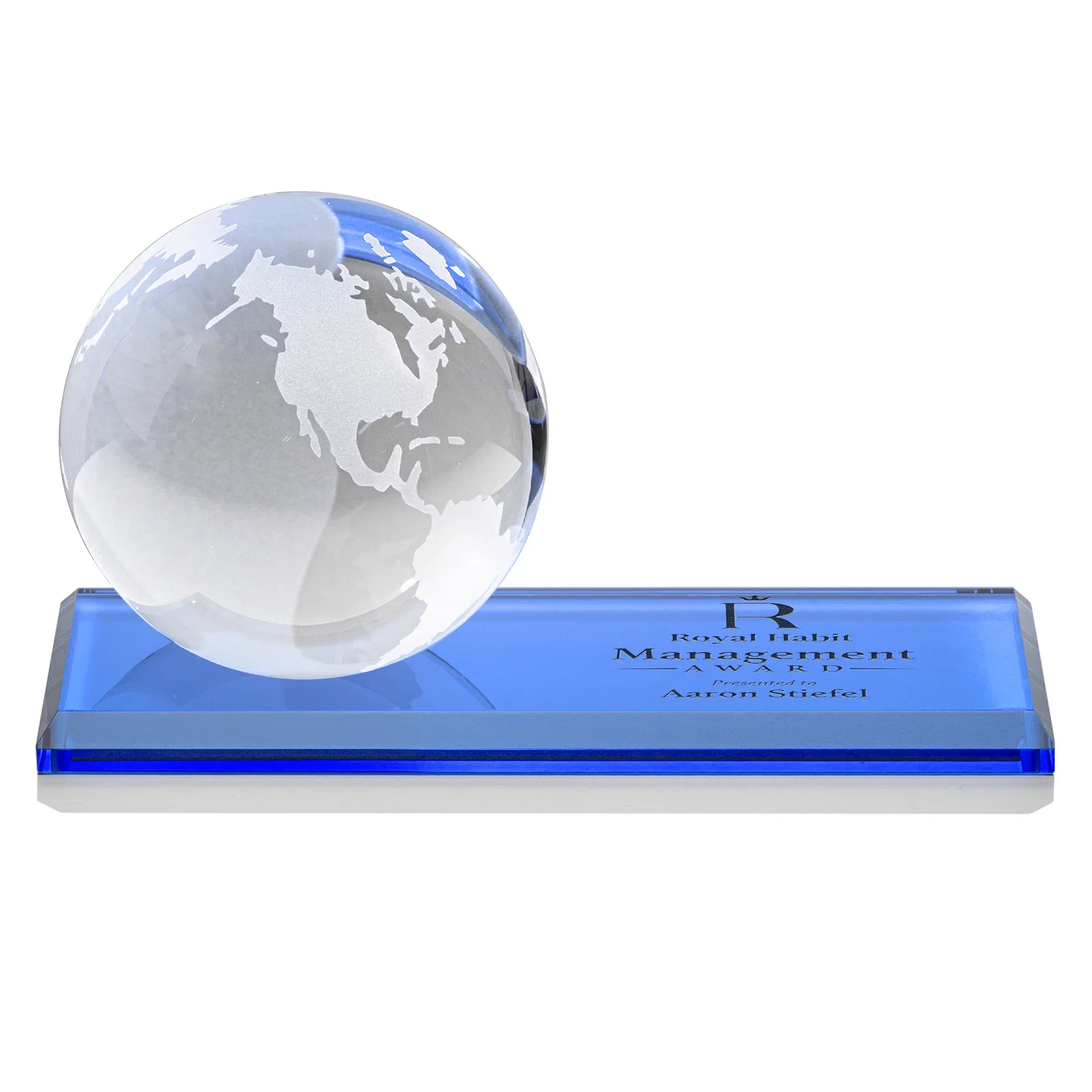 Personalized Rotating Globe Crystal Award, 5"-8" on Flat Rectangular Base for retirement presentations