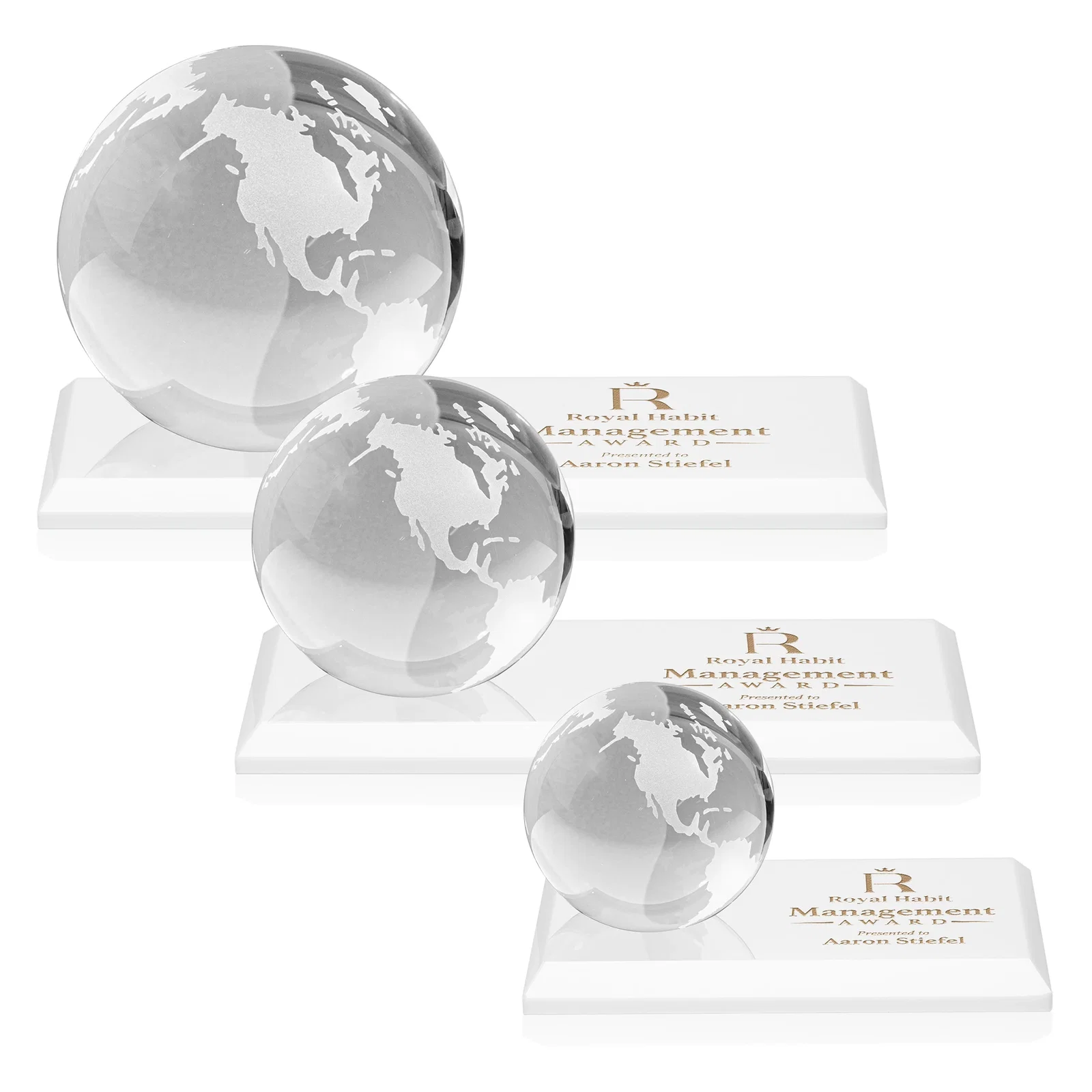 Personalized Rotating Globe Crystal Award, 5"-8" on Flat Rectangular Base for team milestone celebrations
