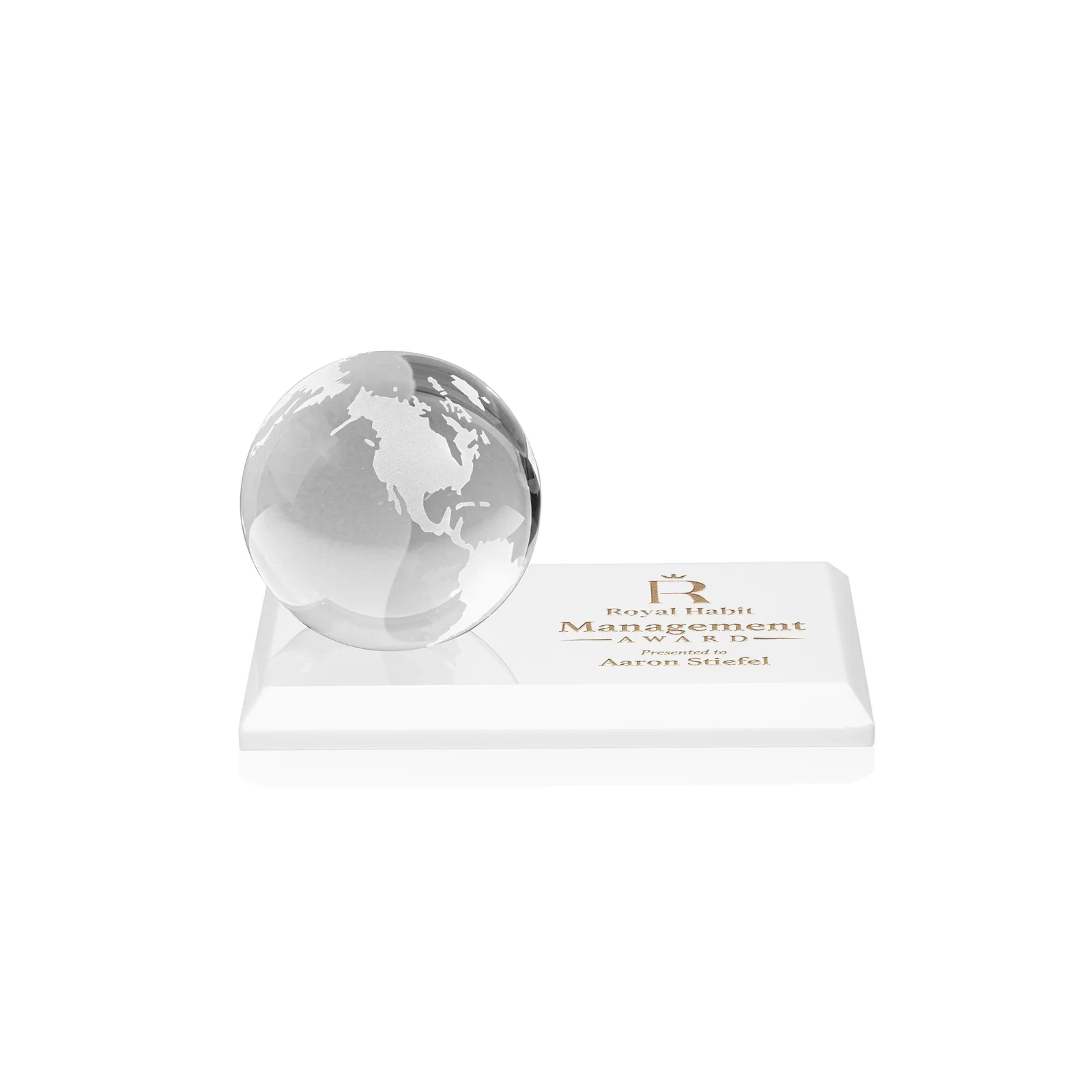 Personalized Rotating Globe Crystal Award, 5"-8" on Flat Rectangular Base for donor appreciation
