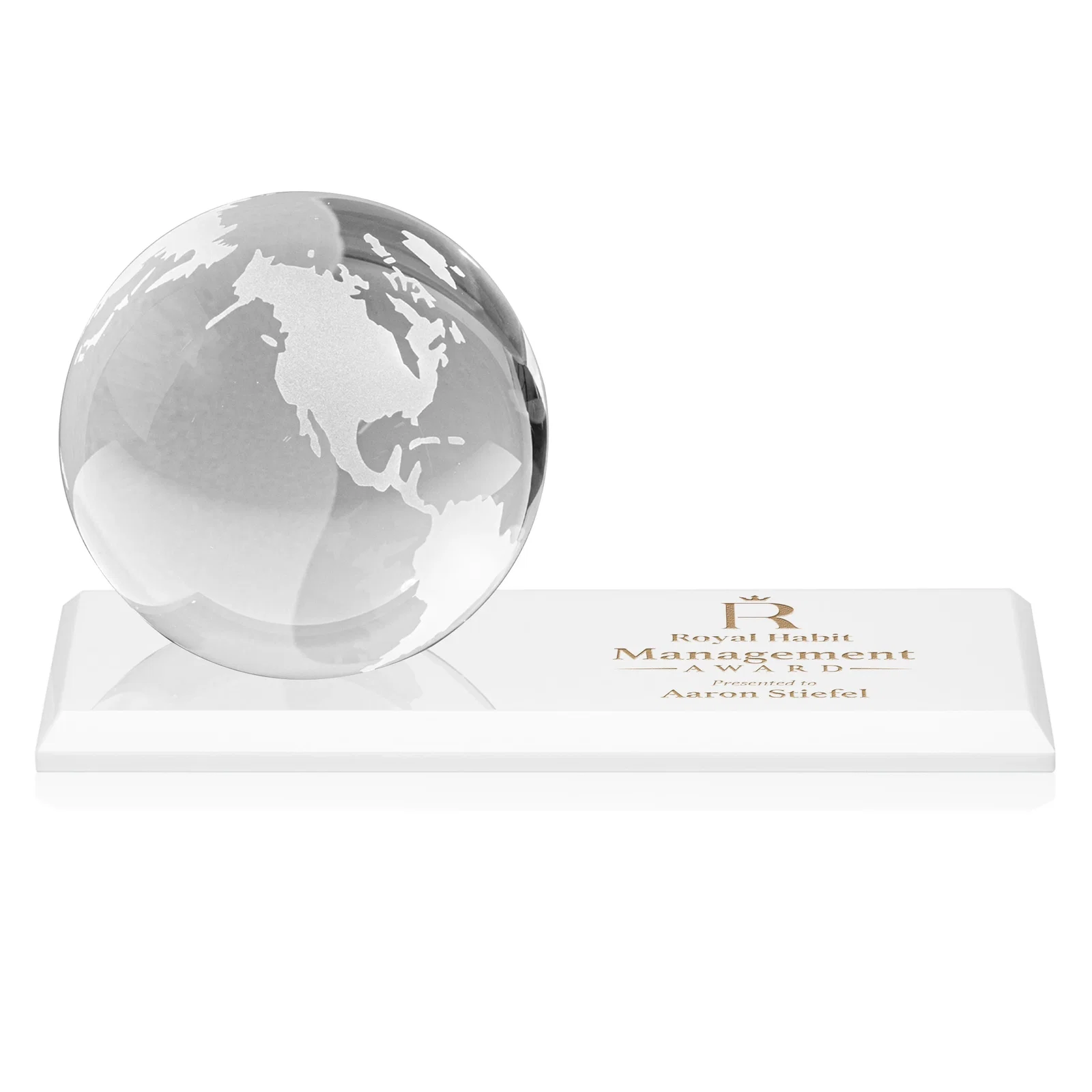 Personalized Rotating Globe Crystal Award, 5"-8" on Flat Rectangular Base for safety achievement programs