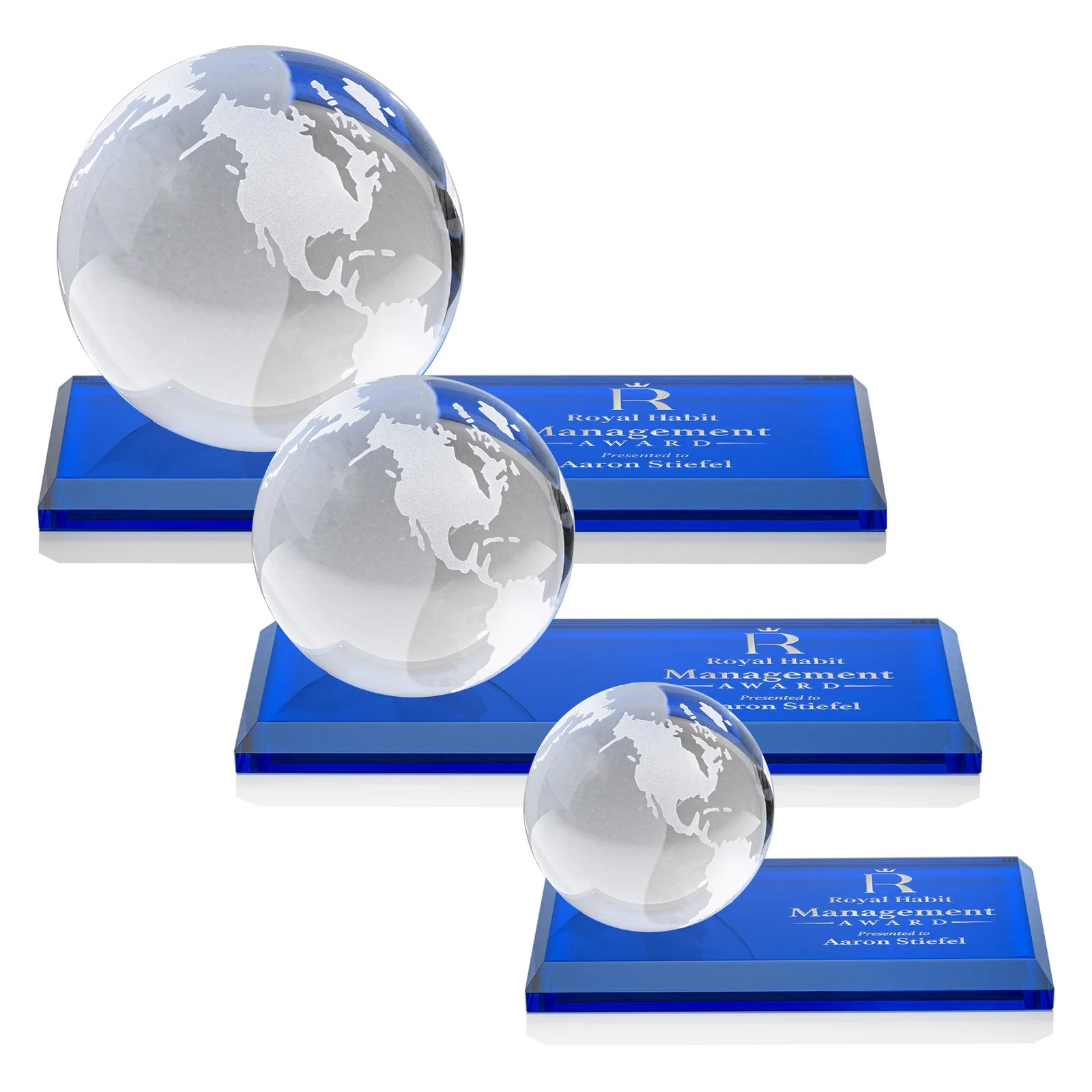 Personalized Rotating Globe Crystal Award, 5"-8" on Flat Rectangular Base for volunteer appreciation