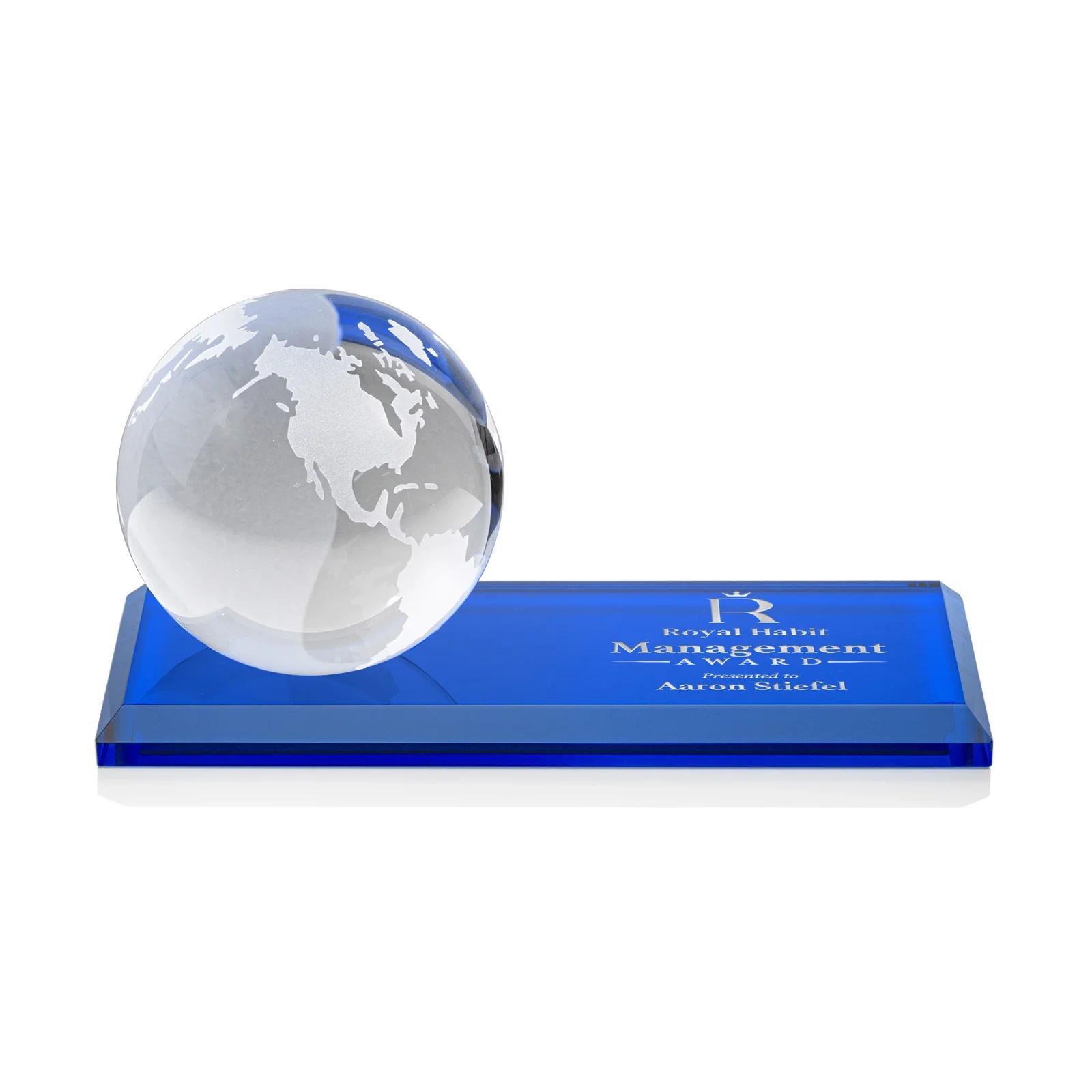 Personalized Rotating Globe Crystal Award, 5"-8" on Flat Rectangular Base for company anniversary events