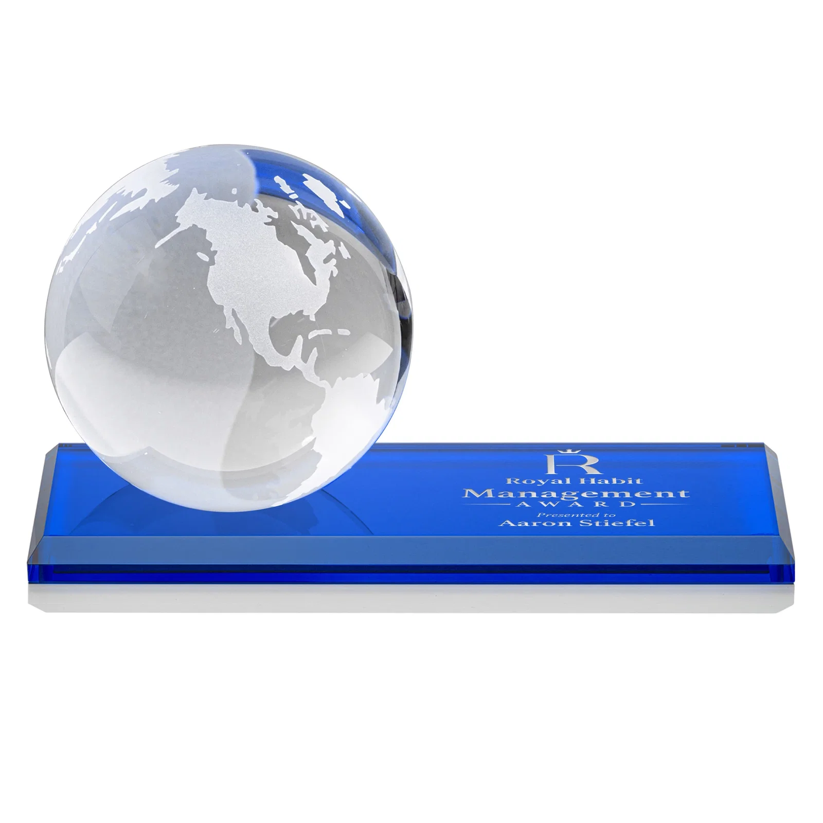 Promotional Rotating Globe Crystal Award, 5"-8" on Flat Rectangular Base for employee recognition