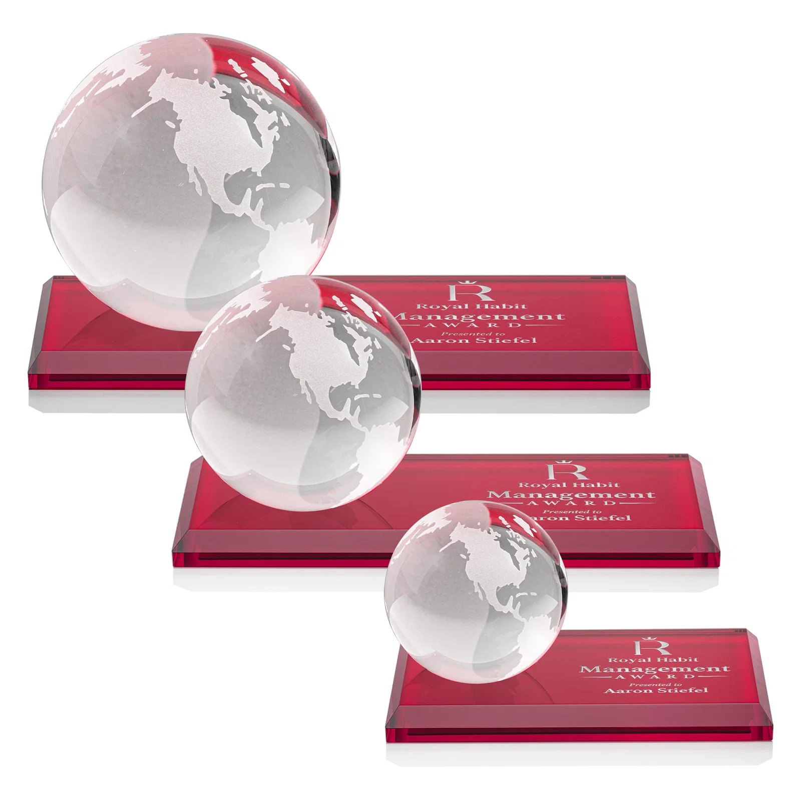 Promotional Rotating Globe Crystal Award, 5"-8" on Flat Rectangular Base for corporate award ceremonies