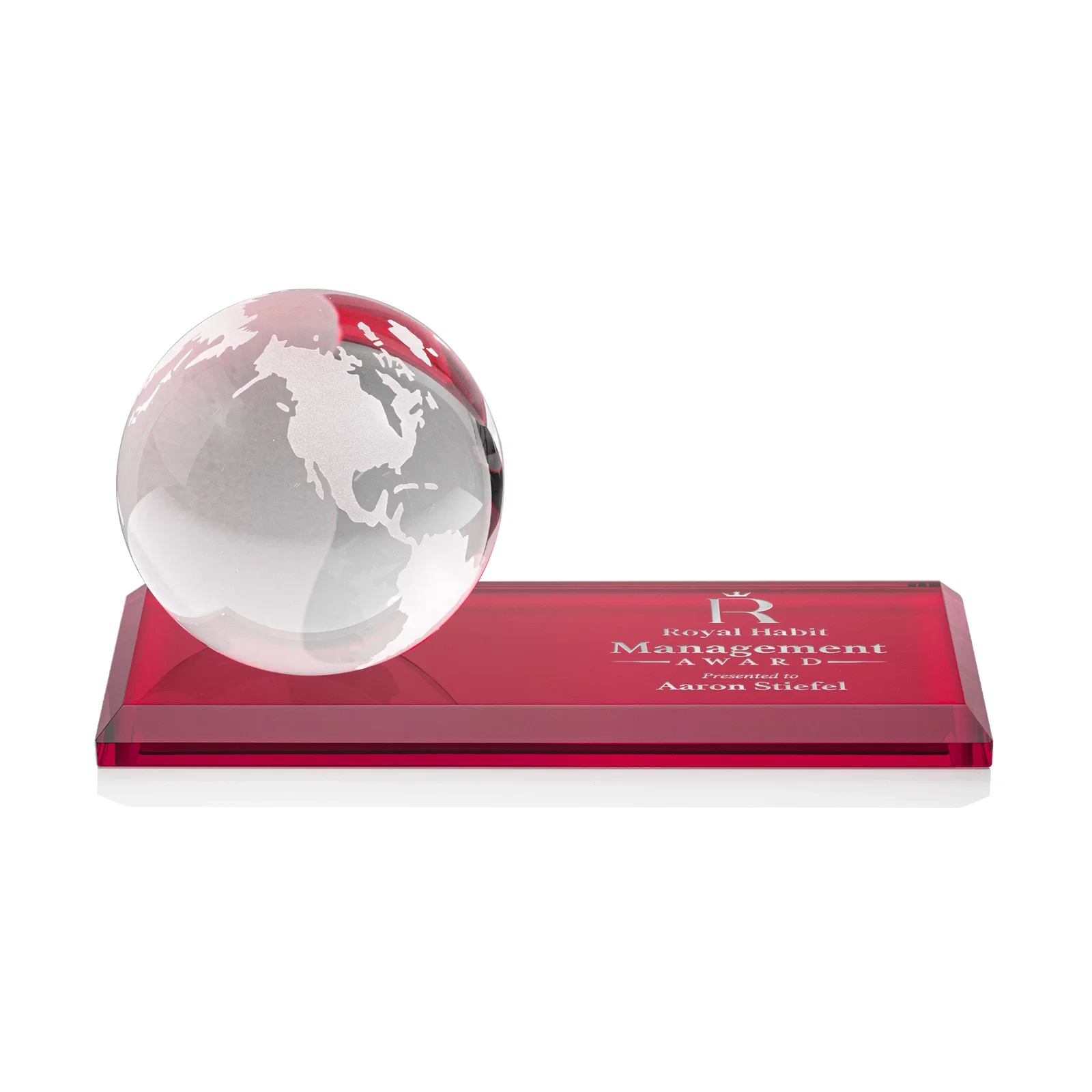 Promotional Rotating Globe Crystal Award, 5"-8" on Flat Rectangular Base for sales achievement awards