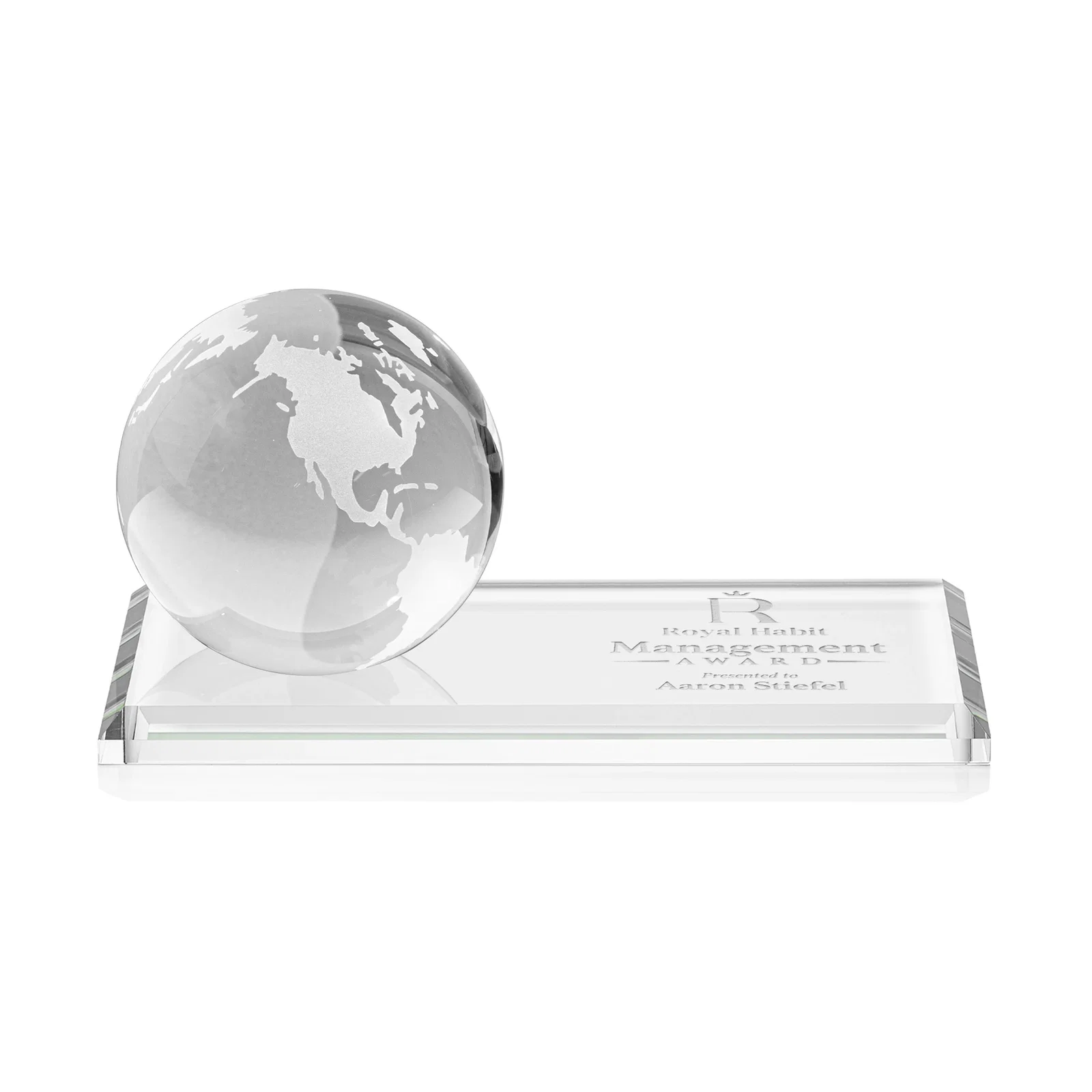 Custom Rotating Globe Crystal Award, 5"-8" on Flat Rectangular Base for service anniversary gifts