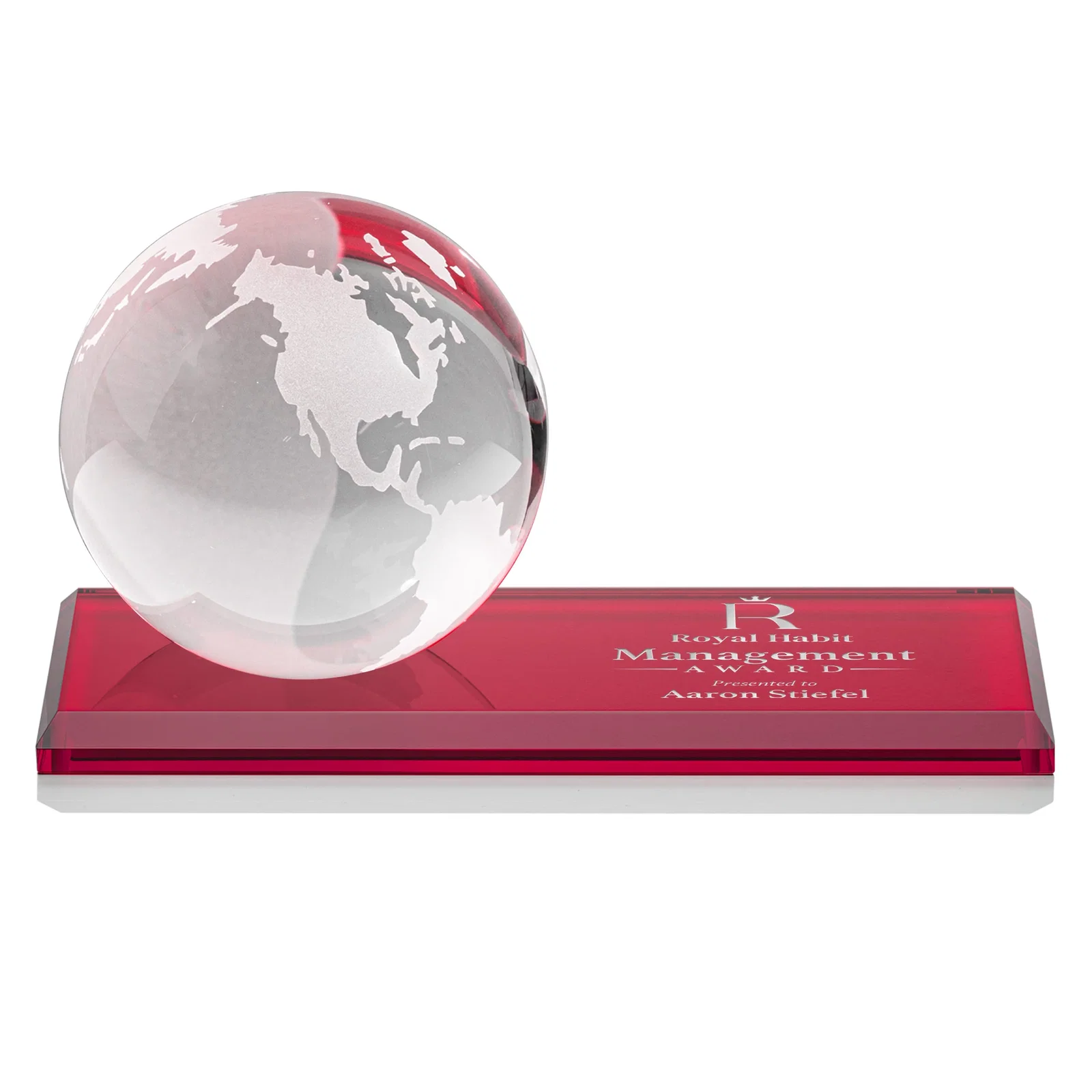 Promotional Rotating Globe Crystal Award, 5"-8" on Flat Rectangular Base for retirement presentations