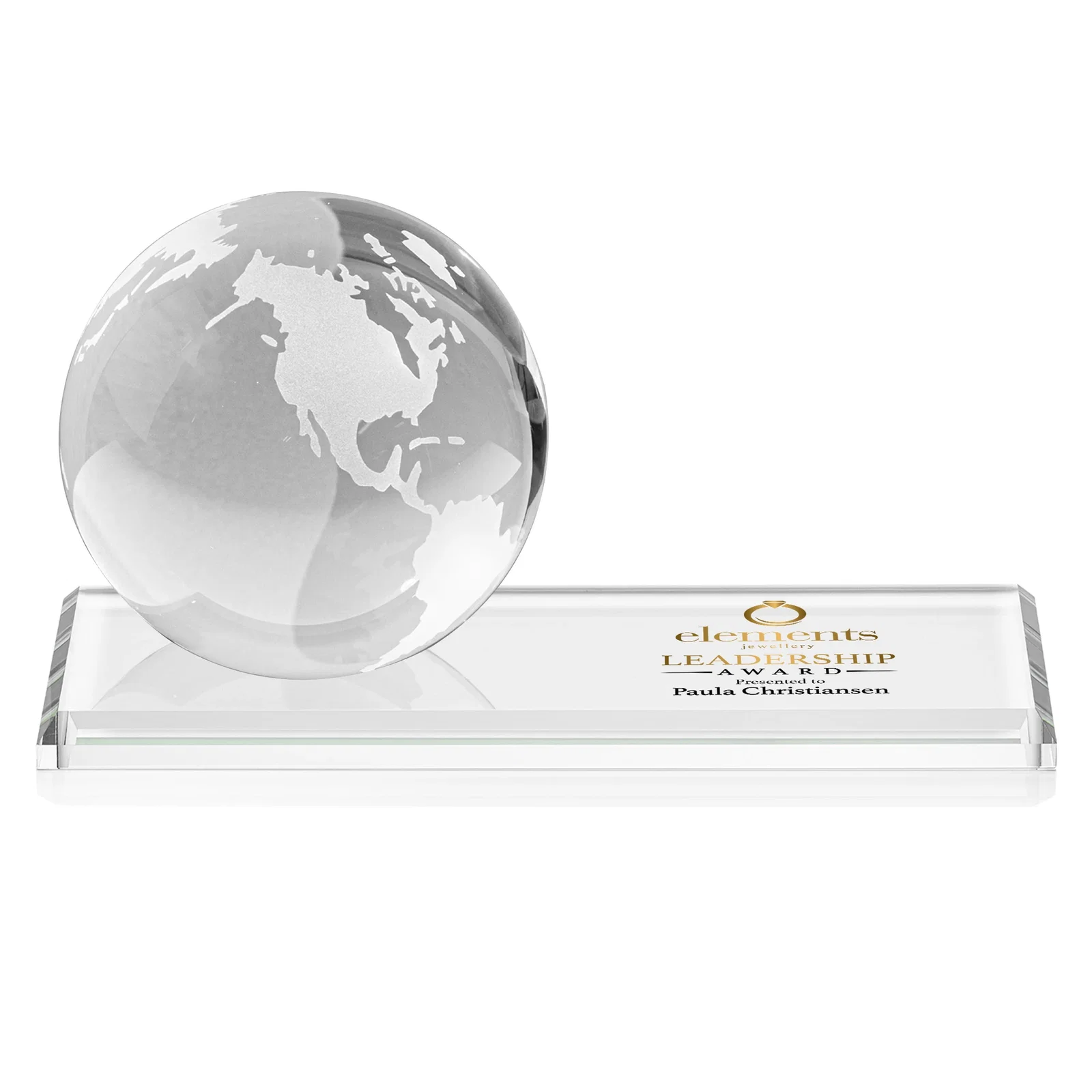 Branded Rotating Globe Crystal Award, 5"-8" on Flat Rectangular Base for employee recognition